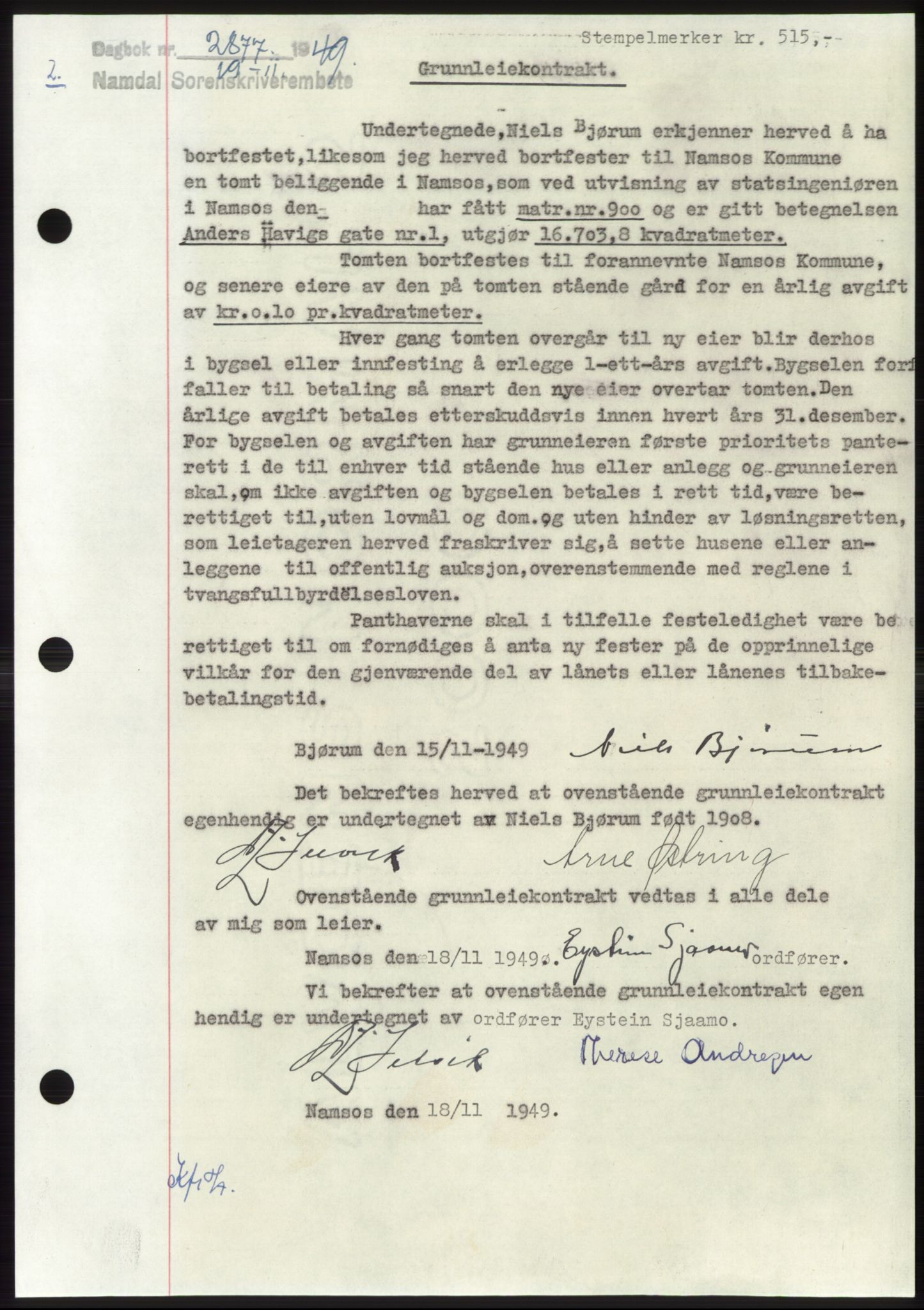 Namdal sorenskriveri, SAT/A-4133/1/2/2C: Pantebok nr. -, 1949-1949, Dagboknr: 2877/1949
