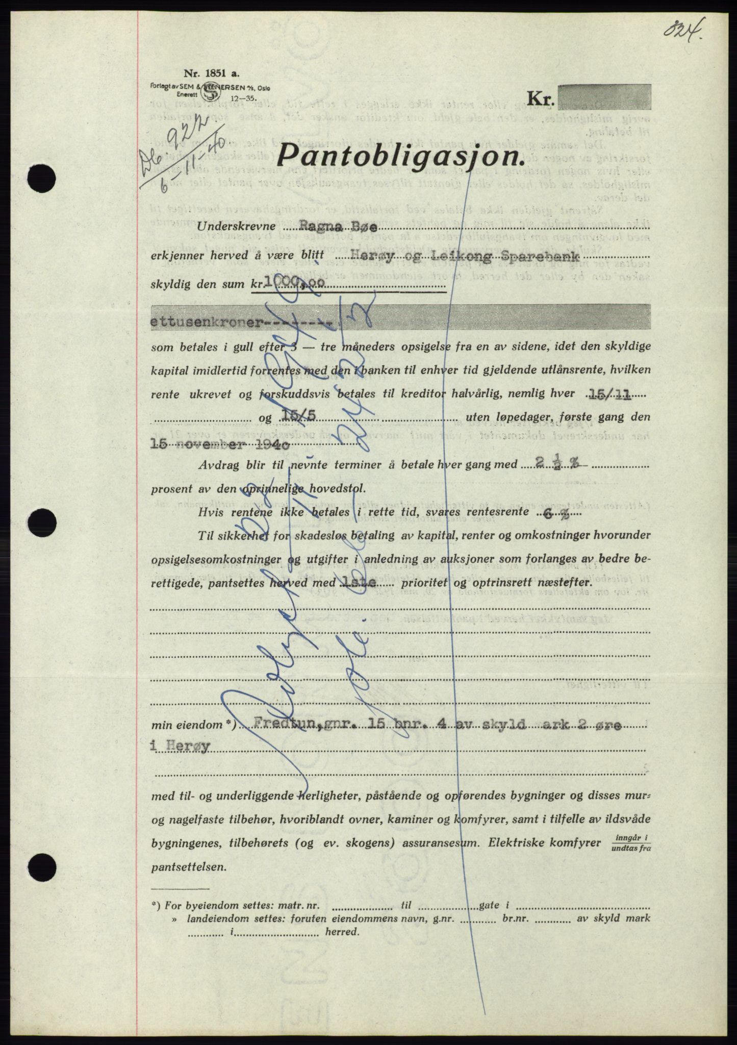 Søre Sunnmøre sorenskriveri, SAT/A-4122/1/2/2C/L0070: Pantebok nr. 64, 1940-1941, Dagboknr: 922/1940