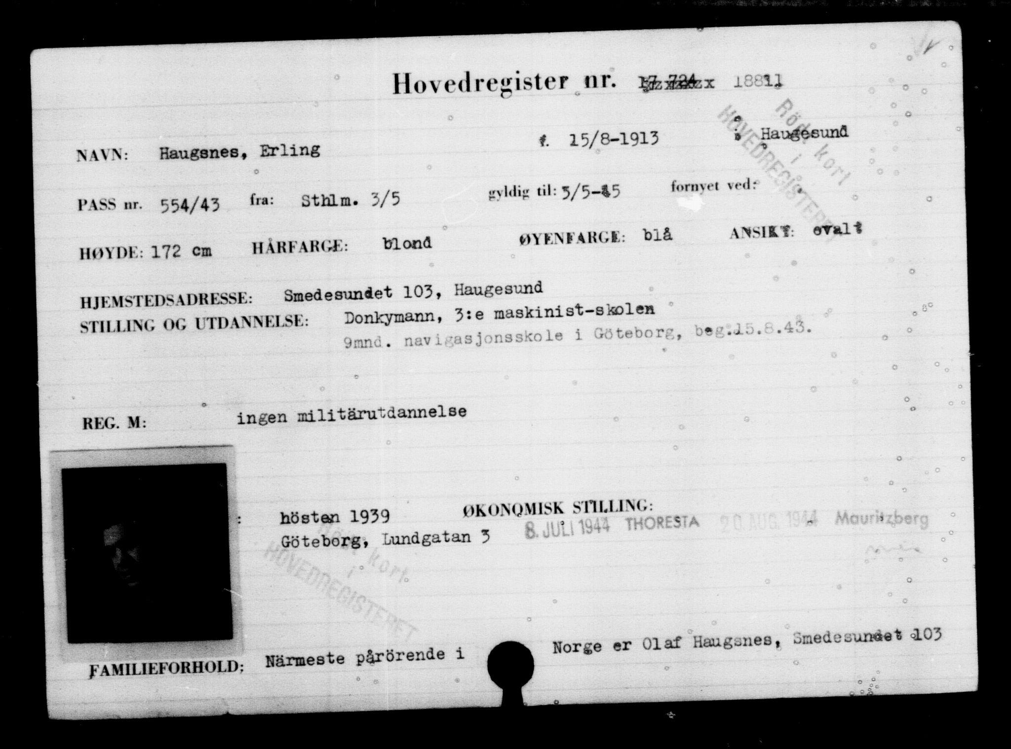 Utenriksstasjonene, Legasjonen i Stockholm, Flyktningkontoret, AV/RA-S-6753/V/Va/L0009: Kjesäterkartoteket, flyktninger med registreringsnr. 18502-22048, 1940-1945, s. 357