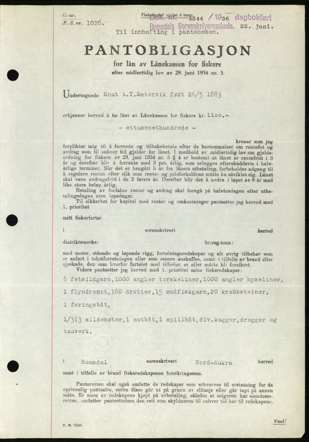 Romsdal sorenskriveri, SAT/A-4149/1/2/2C: Pantebok nr. B1, 1936-1939, Dagboknr: 1344/1936