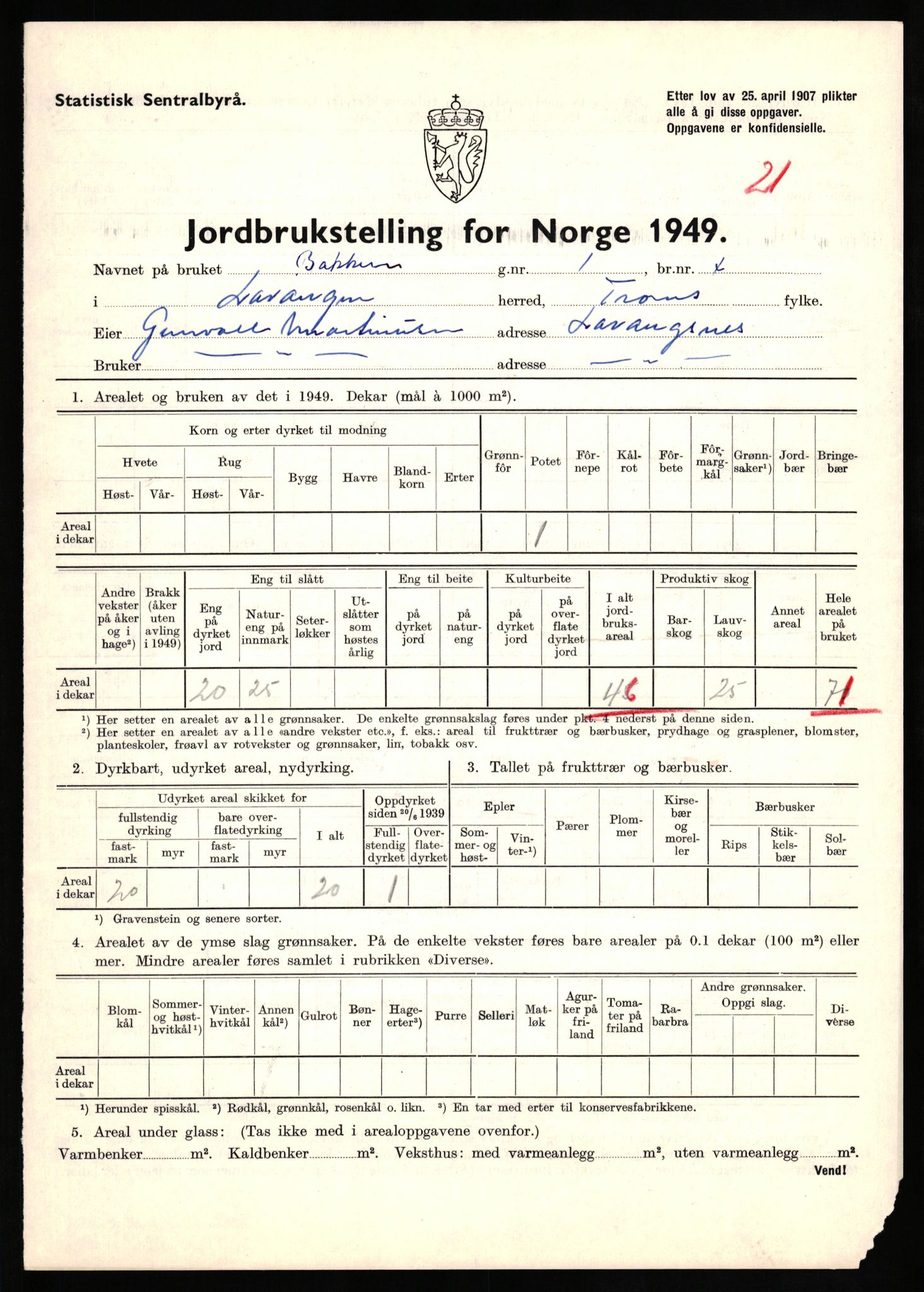 Statistisk sentralbyrå, Næringsøkonomiske emner, Jordbruk, skogbruk, jakt, fiske og fangst, AV/RA-S-2234/G/Gc/L0437: Troms: Gratangen og Lavangen, 1949, s. 514