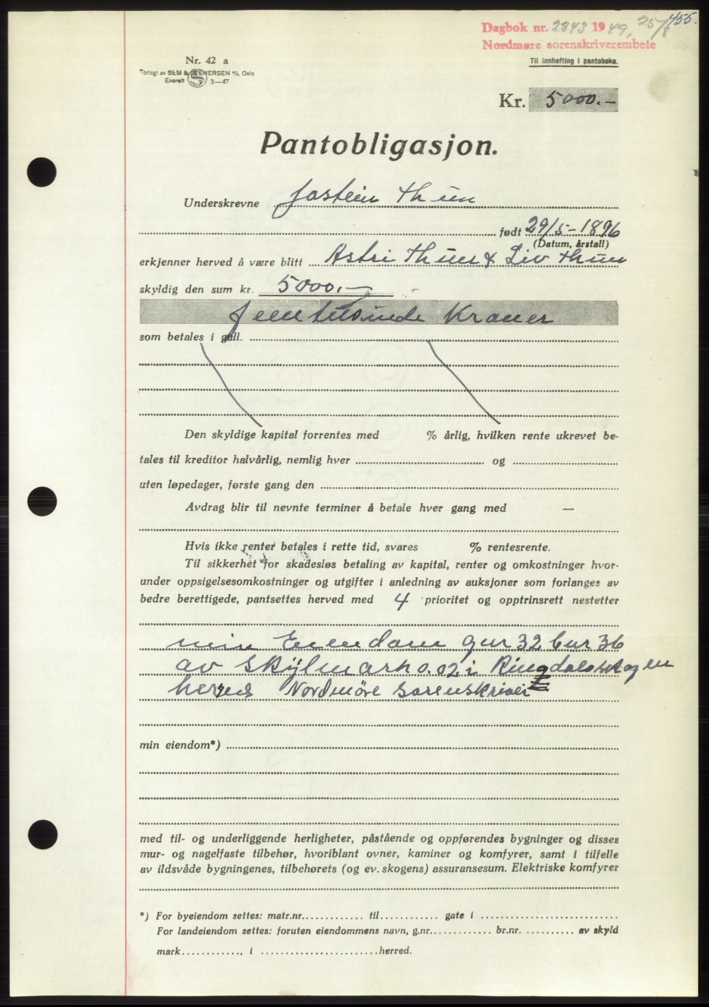 Nordmøre sorenskriveri, AV/SAT-A-4132/1/2/2Ca: Pantebok nr. B102, 1949-1949, Dagboknr: 2343/1949