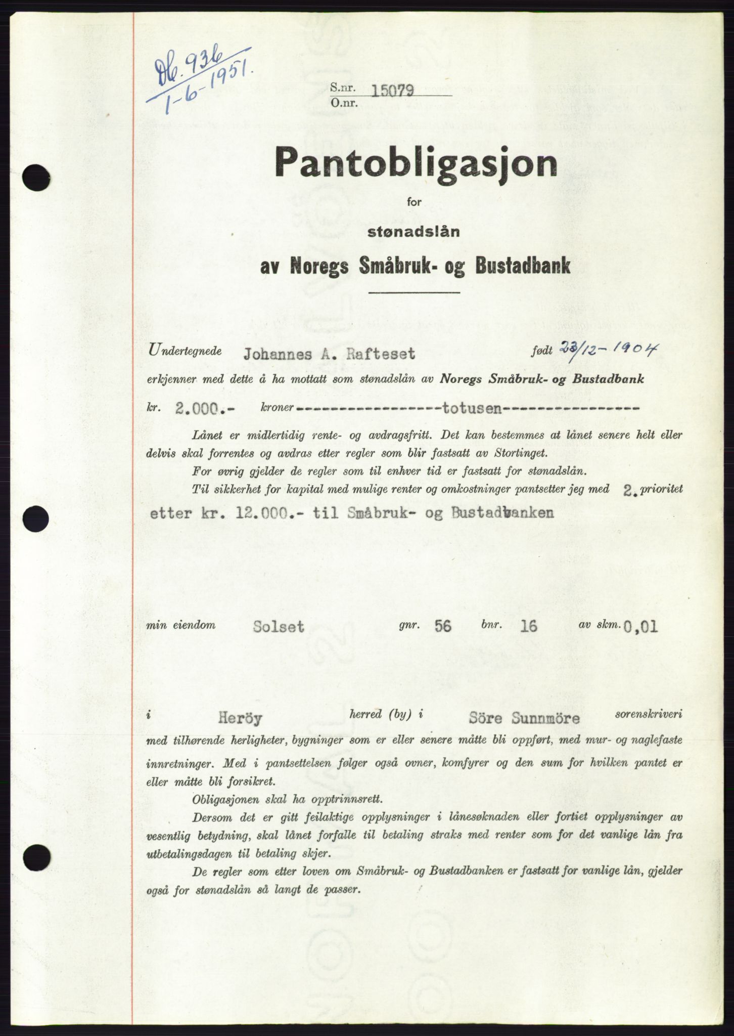 Søre Sunnmøre sorenskriveri, SAT/A-4122/1/2/2C/L0120: Pantebok nr. 8B, 1951-1951, Dagboknr: 936/1951