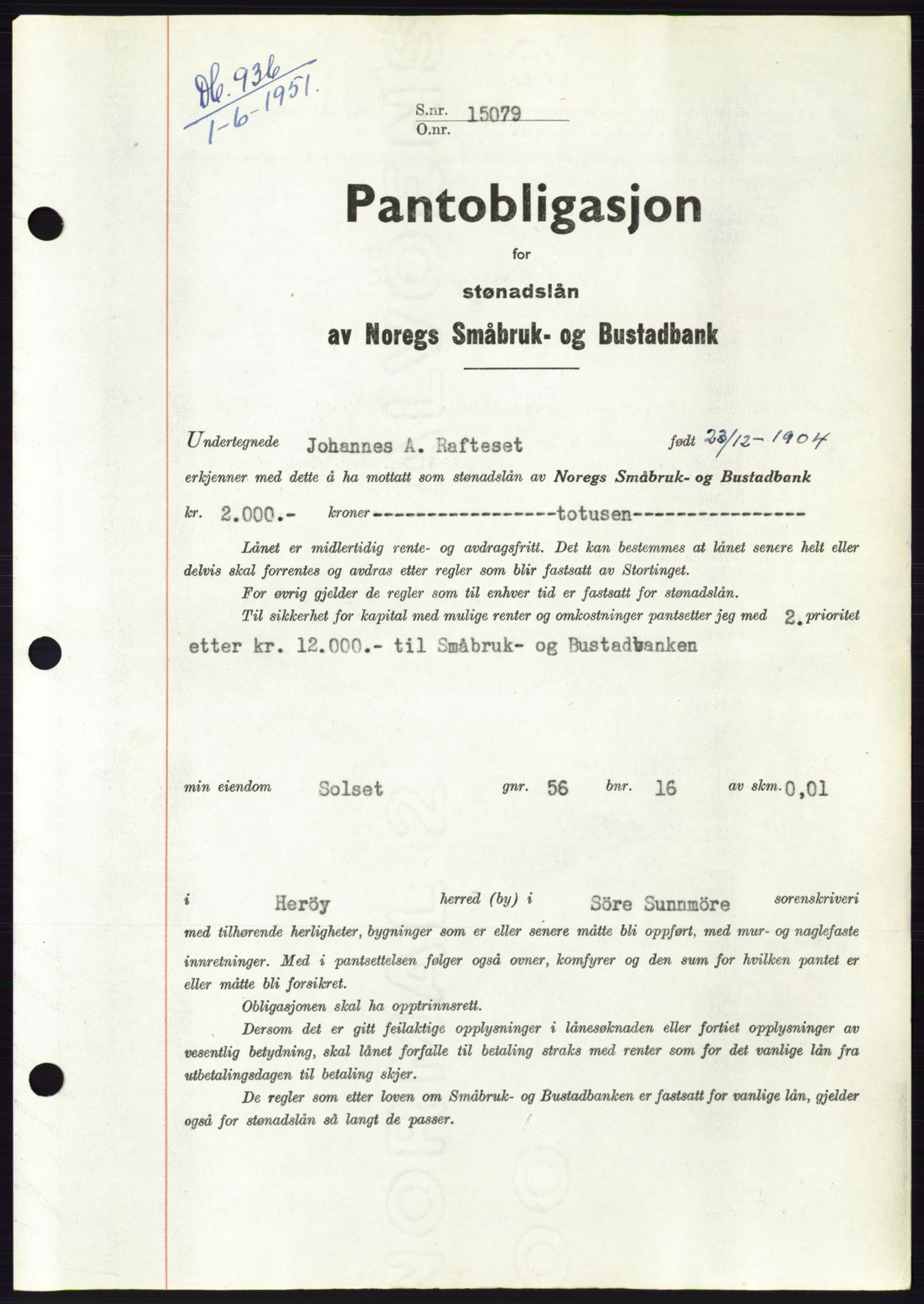 Søre Sunnmøre sorenskriveri, AV/SAT-A-4122/1/2/2C/L0120: Pantebok nr. 8B, 1951-1951, Dagboknr: 936/1951