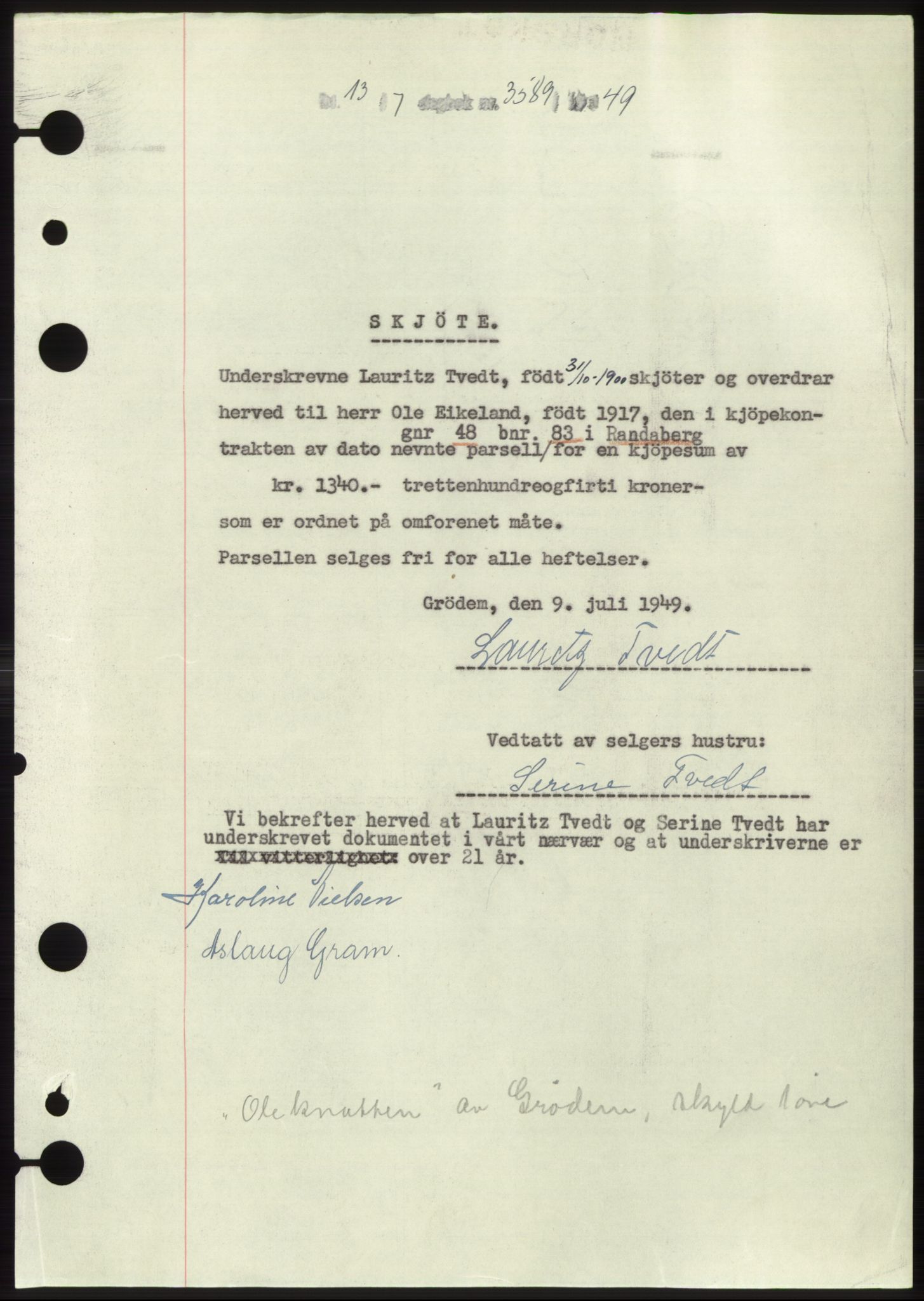 Jæren sorenskriveri, SAST/A-100310/03/G/Gba/L0103: Pantebok, 1949-1949, Dagboknr: 3589/1949
