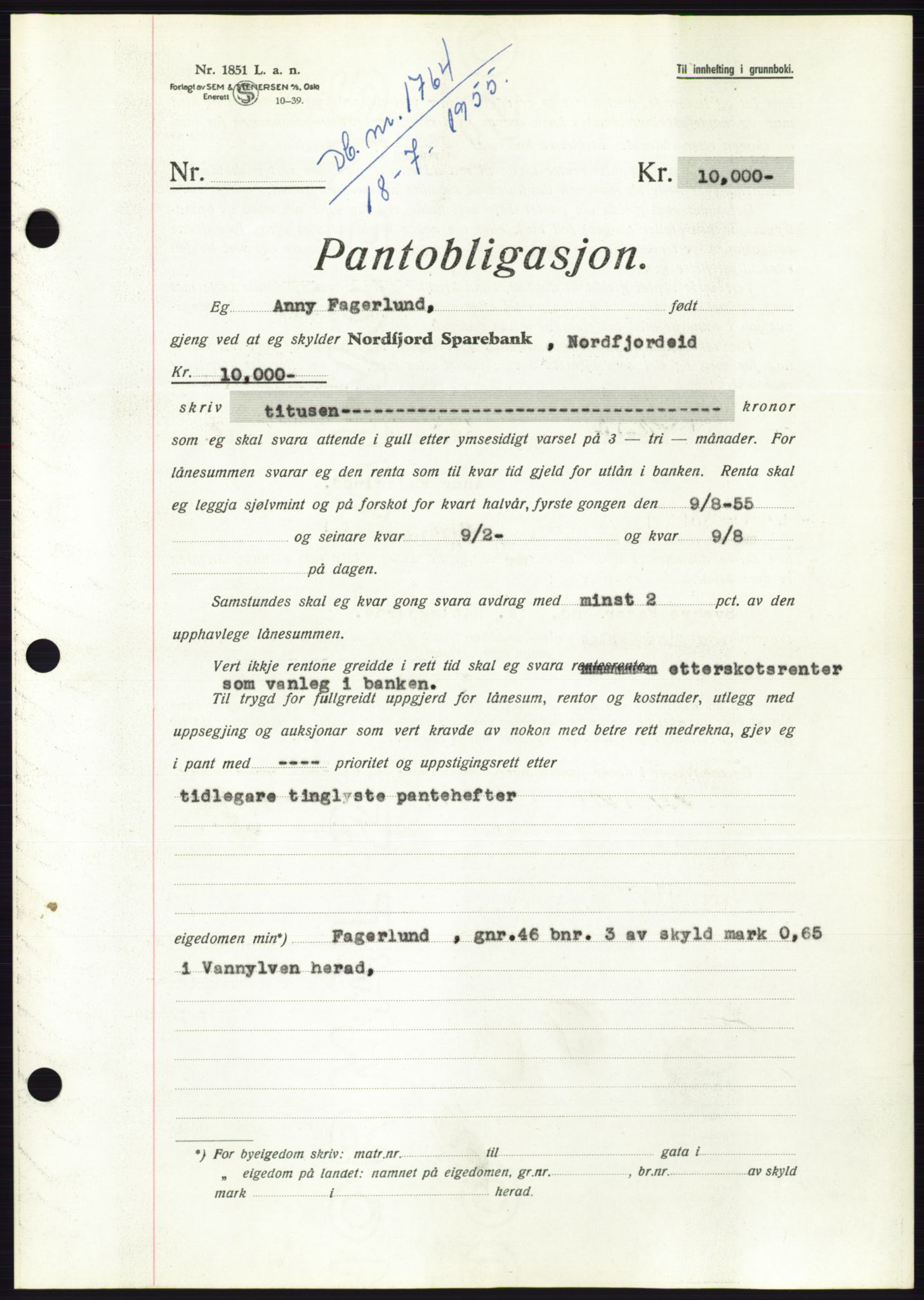 Søre Sunnmøre sorenskriveri, SAT/A-4122/1/2/2C/L0127: Pantebok nr. 15B, 1955-1955, Dagboknr: 1764/1955