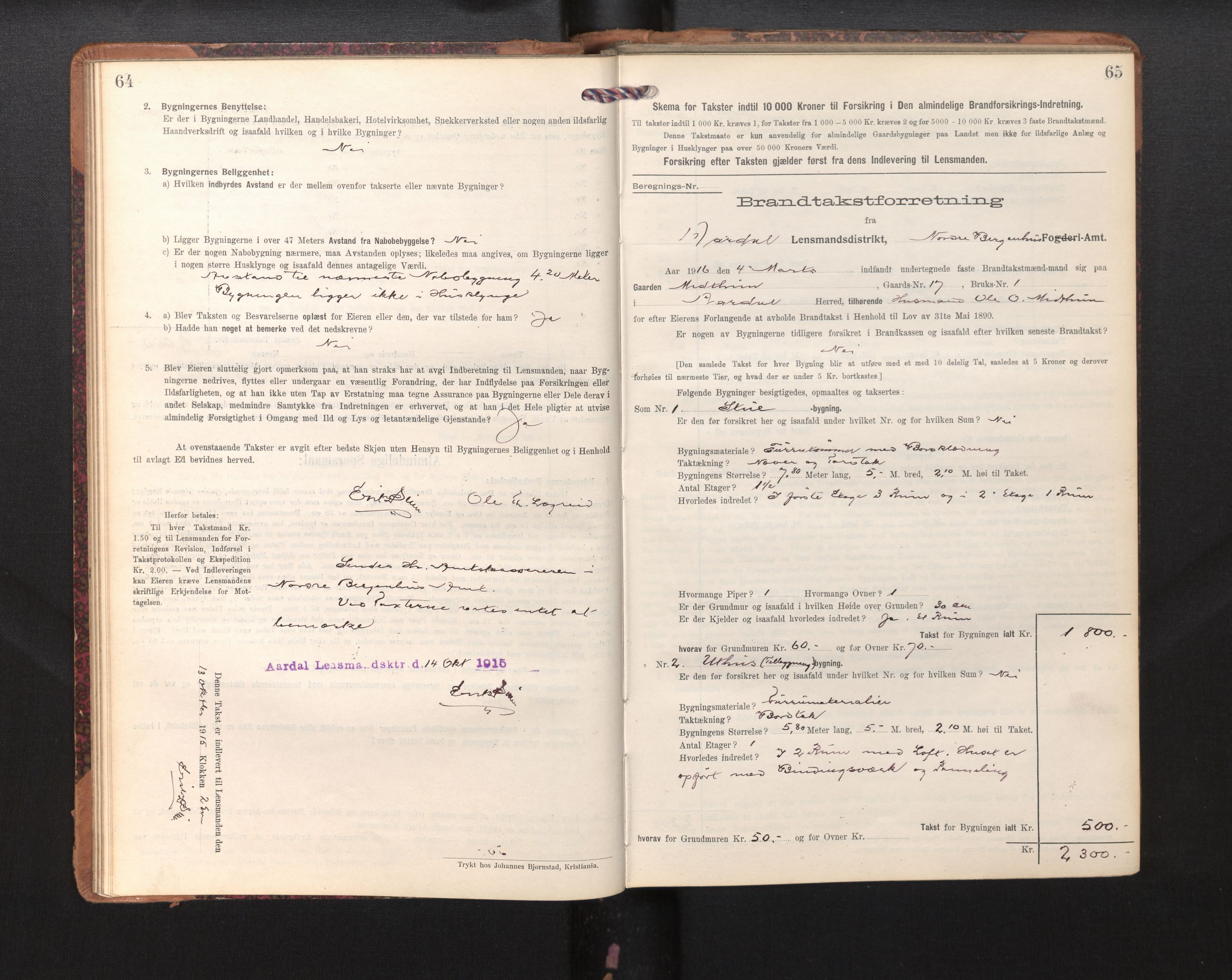 Lensmannen i Årdal, SAB/A-30501/0012/L0009: Branntakstprotokoll, skjematakst, 1914-1926, s. 64-65