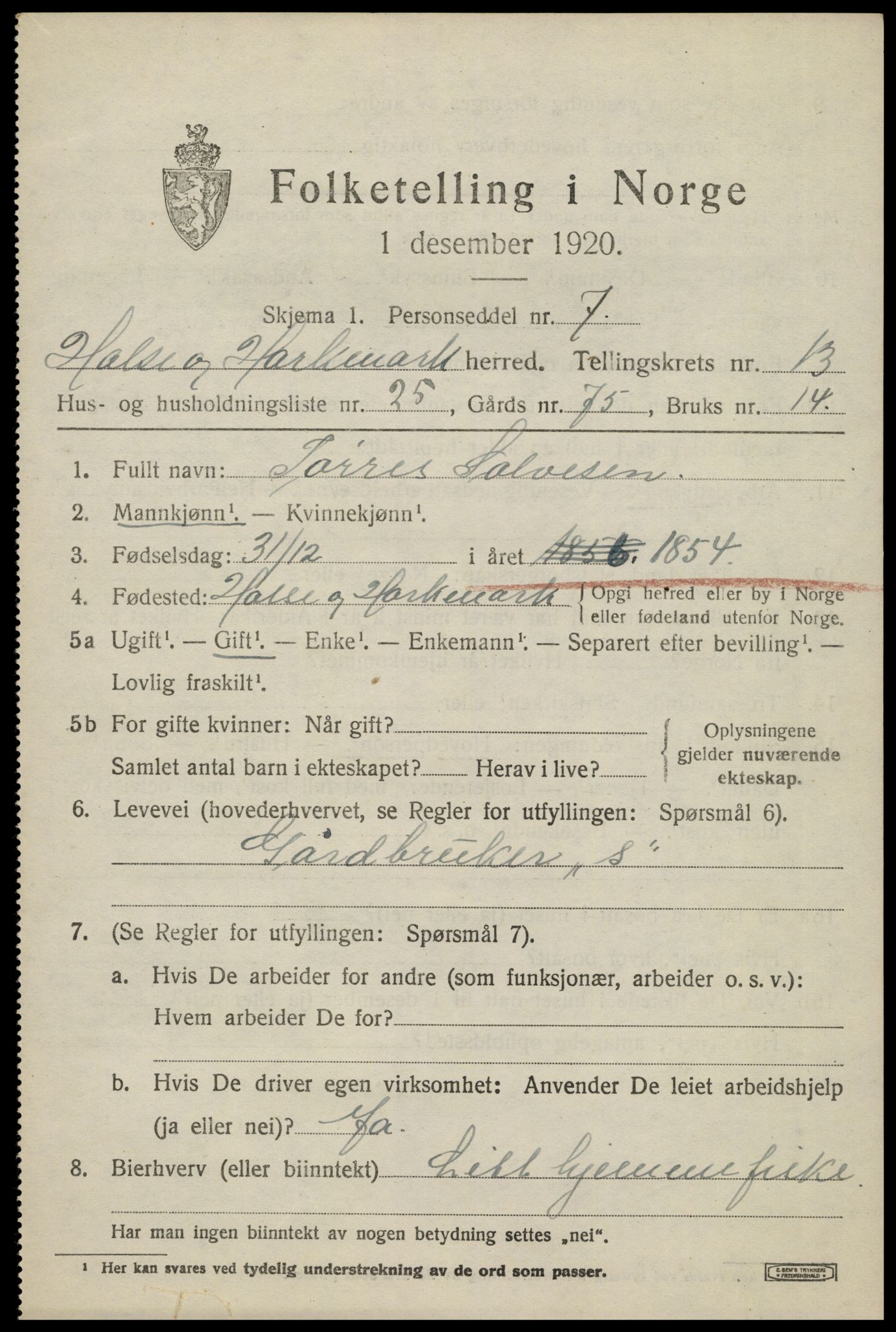 SAK, Folketelling 1920 for 1019 Halse og Harkmark herred, 1920, s. 7227