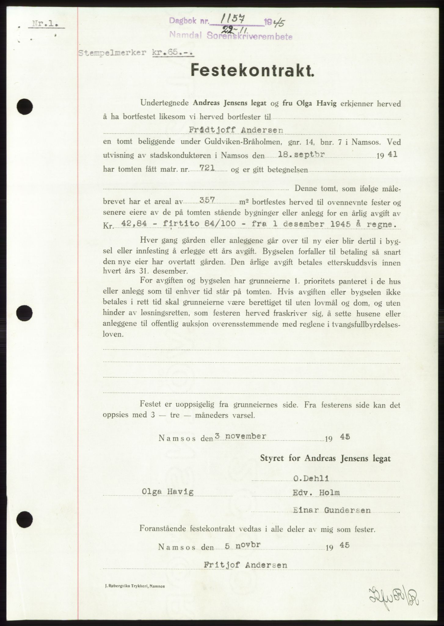 Namdal sorenskriveri, SAT/A-4133/1/2/2C: Pantebok nr. -, 1944-1945, Dagboknr: 1157/1945