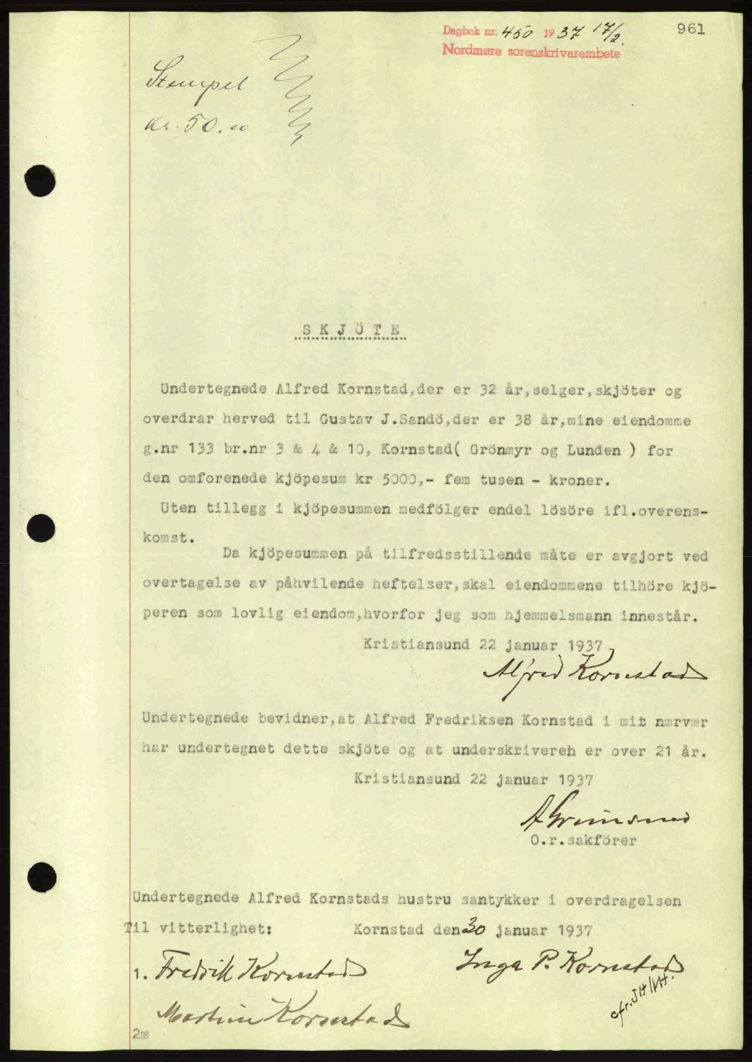 Nordmøre sorenskriveri, SAT/A-4132/1/2/2Ca: Pantebok nr. A80, 1936-1937, Dagboknr: 450/1937