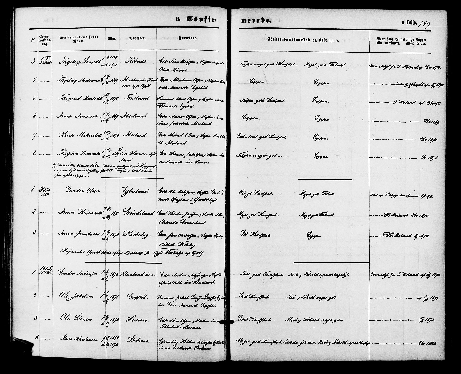 Bjelland sokneprestkontor, SAK/1111-0005/F/Fa/Fab/L0003: Ministerialbok nr. A 3, 1870-1887, s. 149
