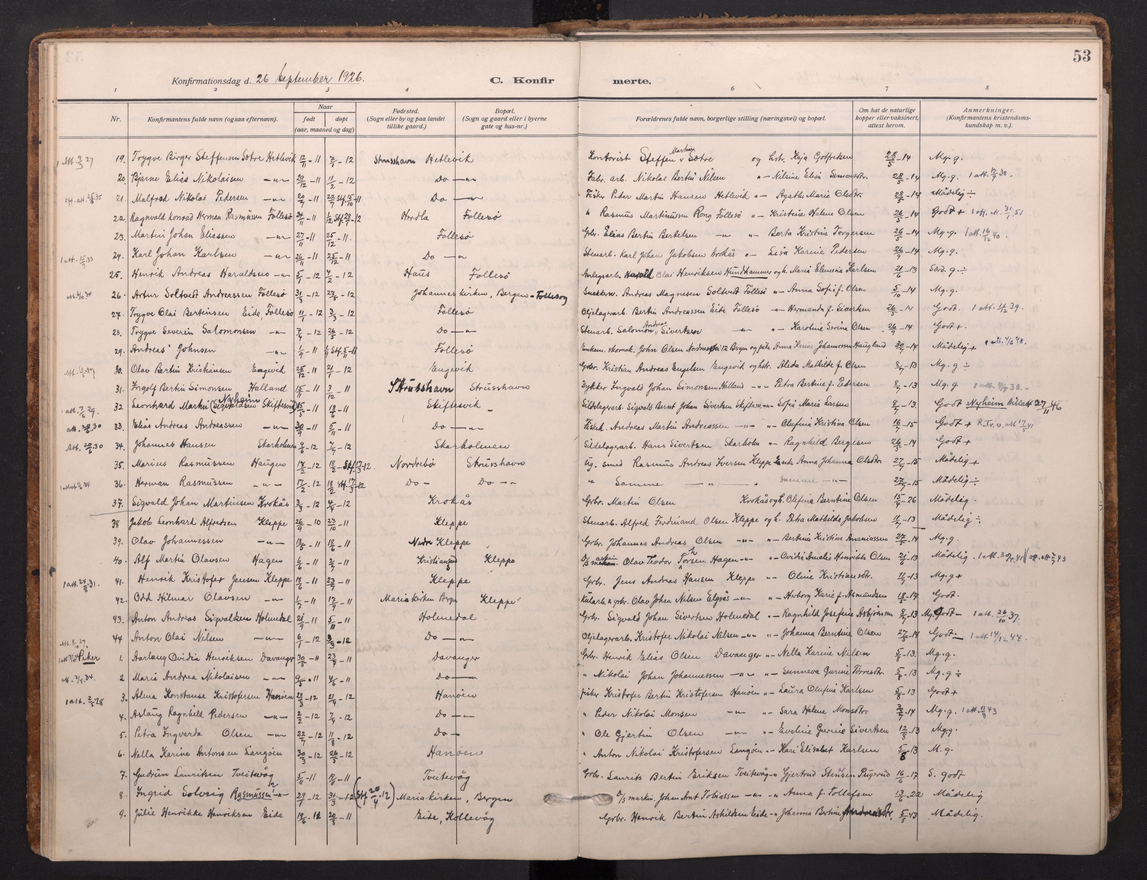 Askøy Sokneprestembete, AV/SAB-A-74101/H/Ha/Haa/Haad/L0002: Ministerialbok nr. D 2, 1915-1935, s. 53