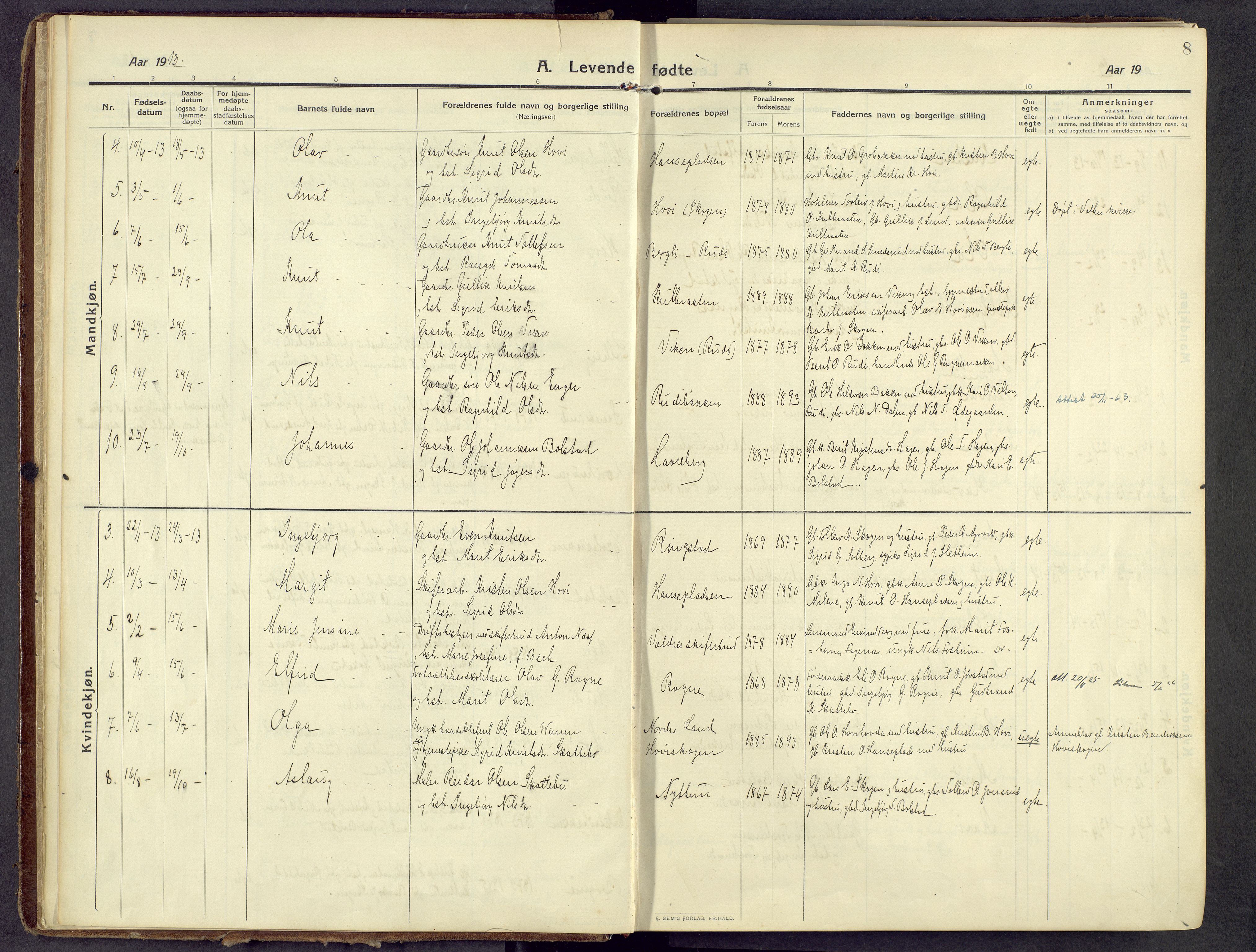 Øystre Slidre prestekontor, AV/SAH-PREST-138/H/Ha/Haa/L0006: Ministerialbok nr. 6, 1911-1931, s. 8