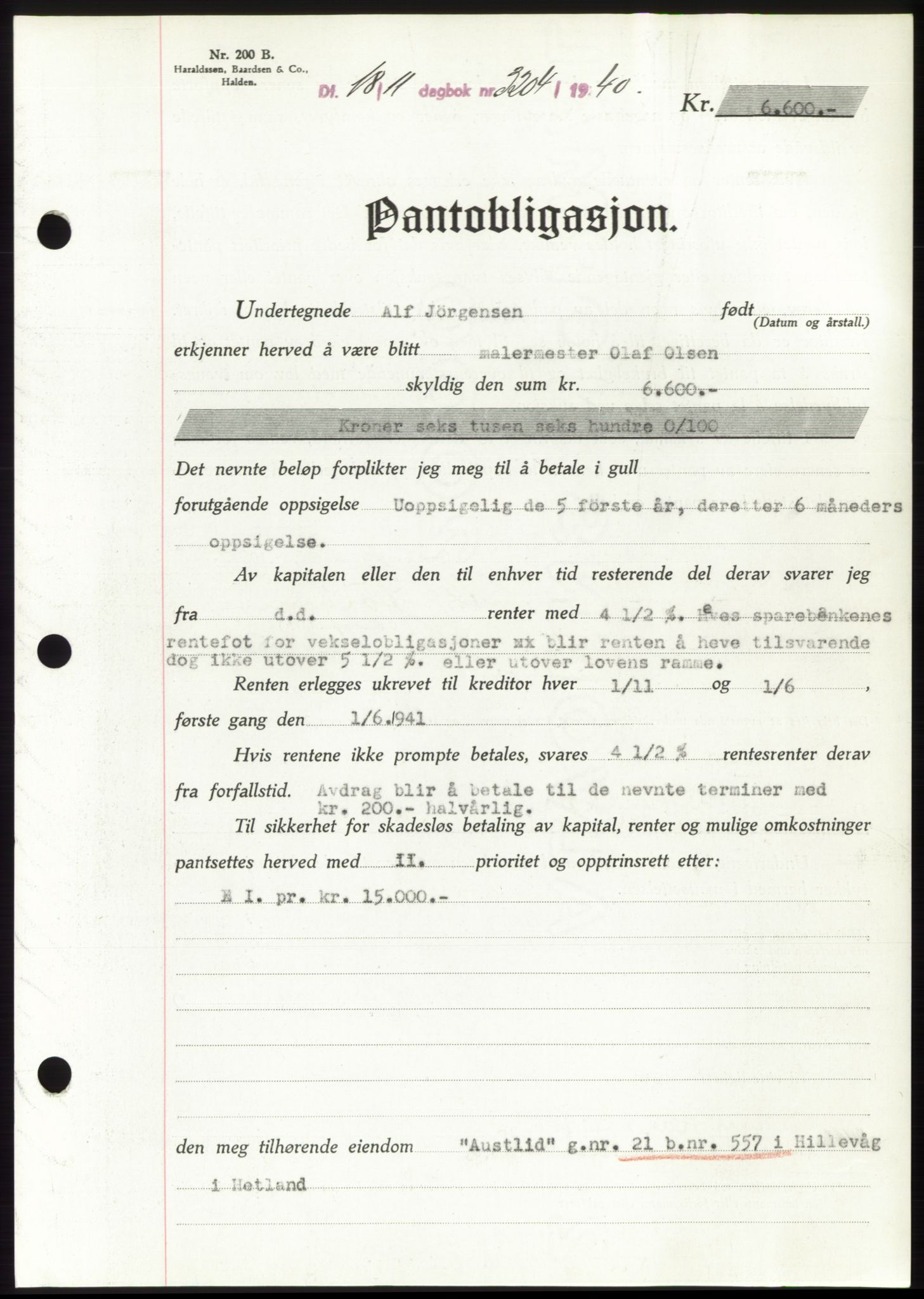 Jæren sorenskriveri, SAST/A-100310/03/G/Gba/L0078: Pantebok, 1940-1940, Dagboknr: 3204/1940