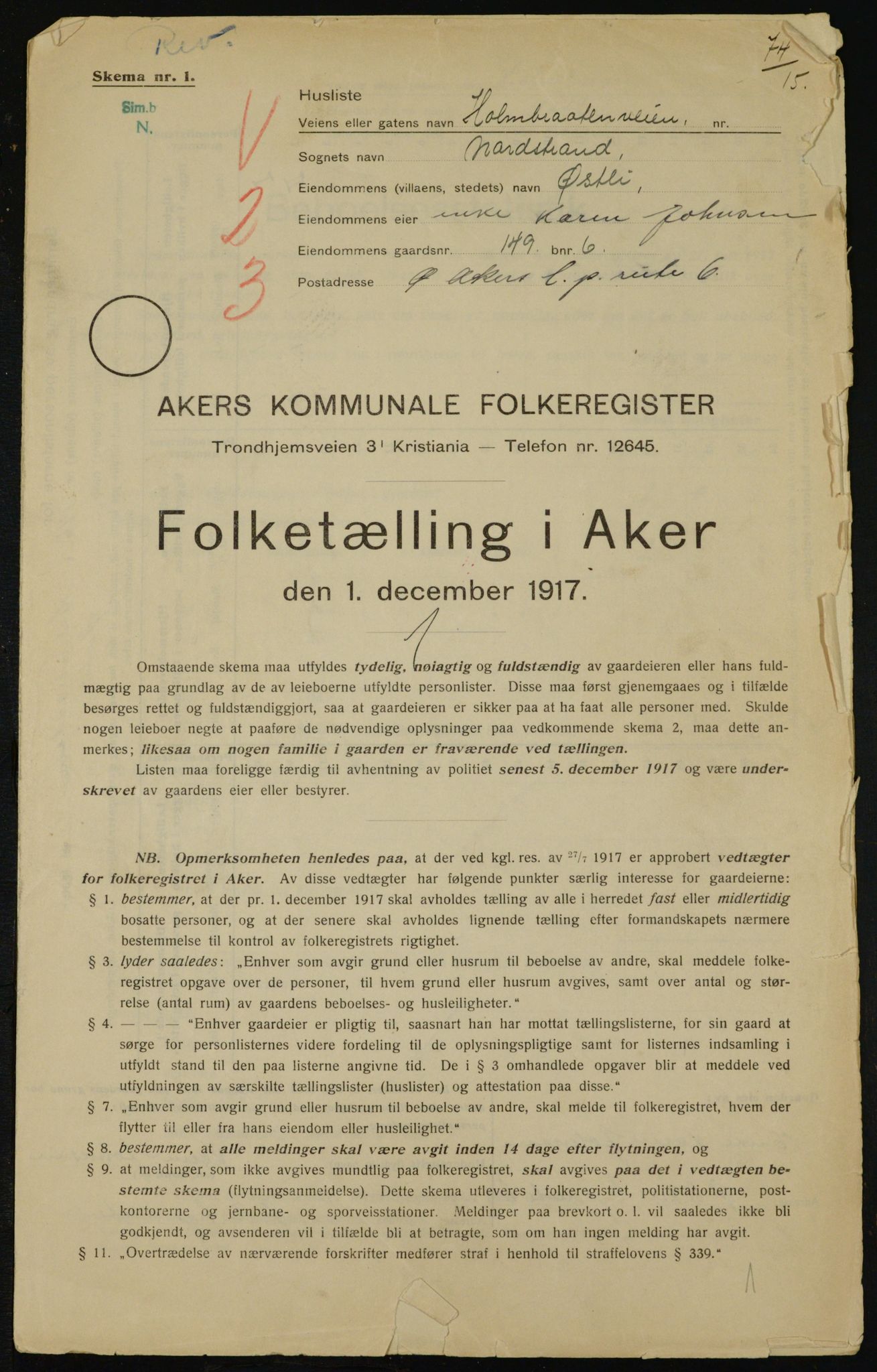 OBA, Kommunal folketelling 1.12.1917 for Aker, 1917, s. 22952