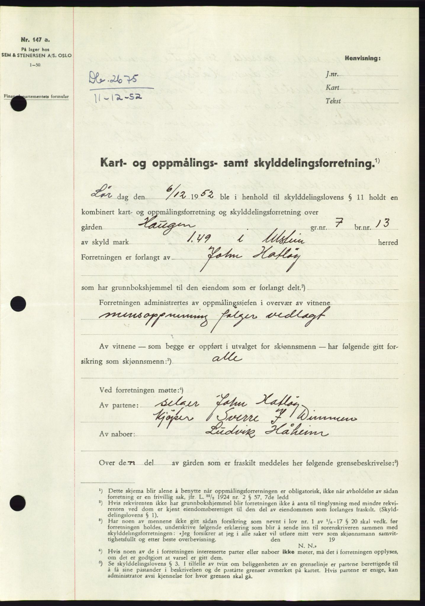 Søre Sunnmøre sorenskriveri, SAT/A-4122/1/2/2C/L0093: Pantebok nr. 19A, 1952-1953, Dagboknr: 2675/1952