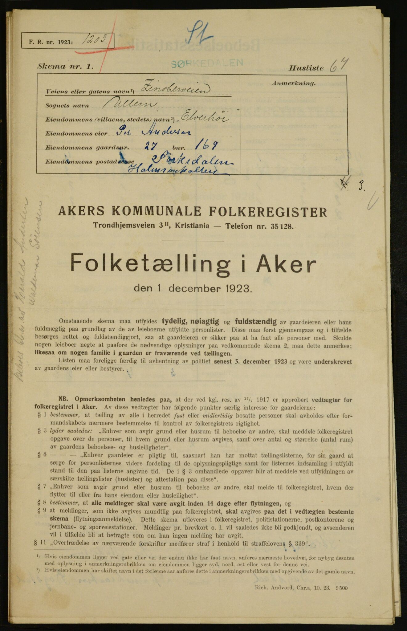 , Kommunal folketelling 1.12.1923 for Aker, 1923, s. 7257