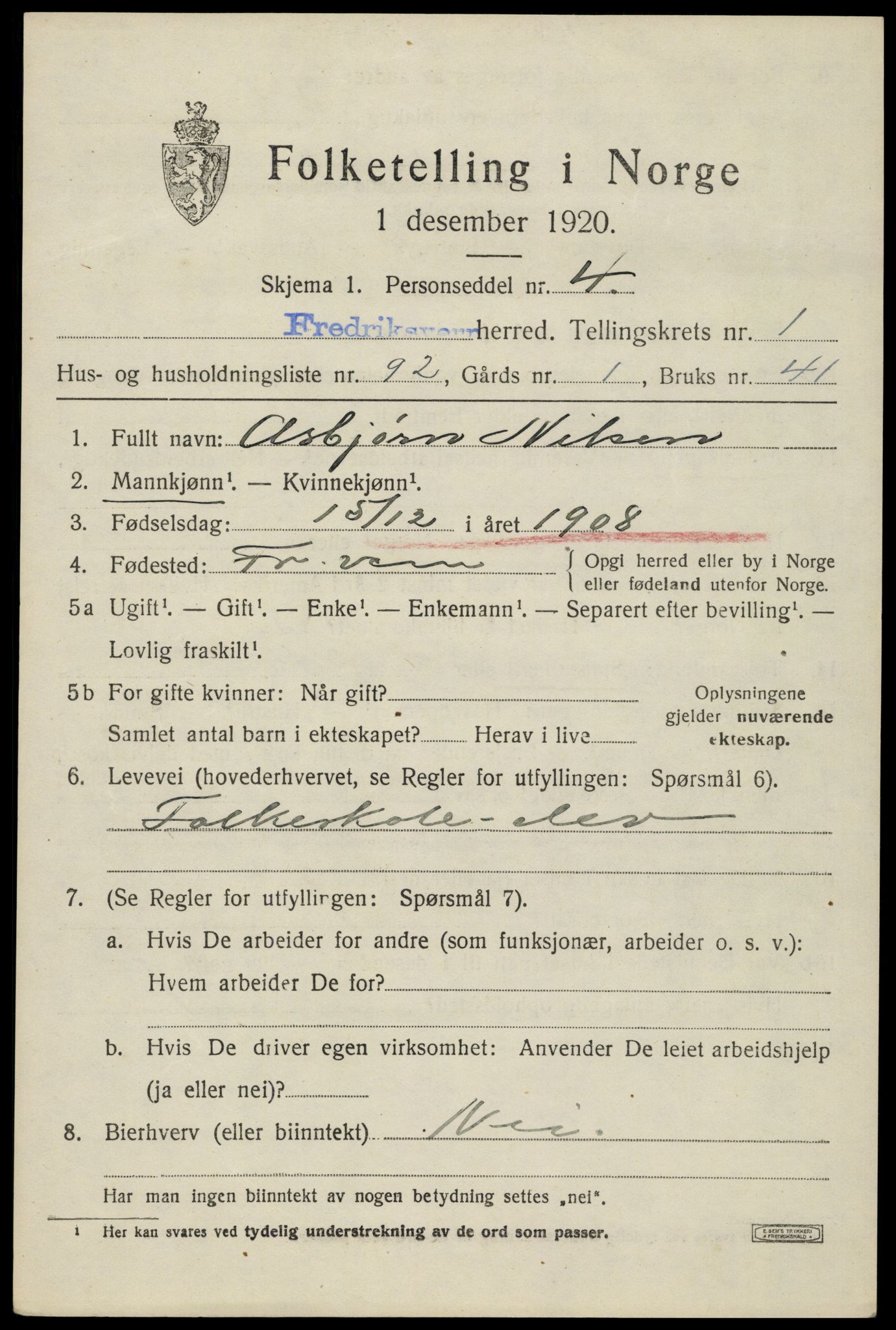 SAKO, Folketelling 1920 for 0798 Fredriksvern herred, 1920, s. 967