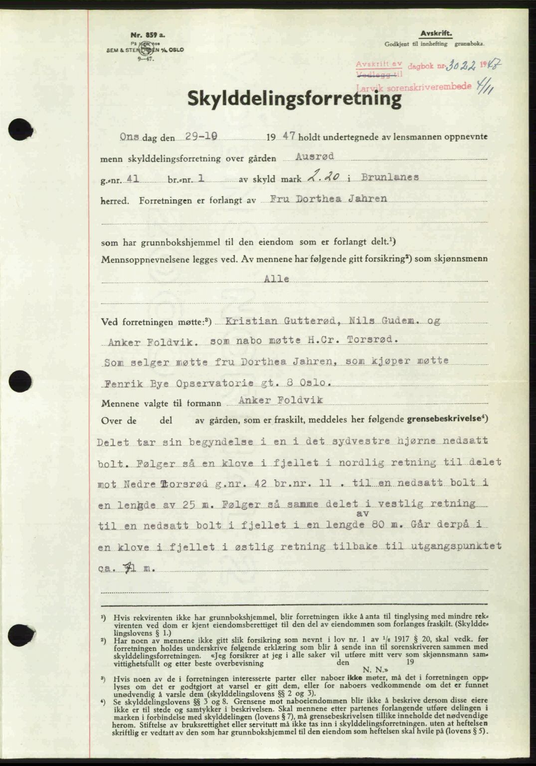 Larvik sorenskriveri, SAKO/A-83/G/Ga/Gab/L0085: Pantebok nr. A-19, 1947-1948, Dagboknr: 3022/1947