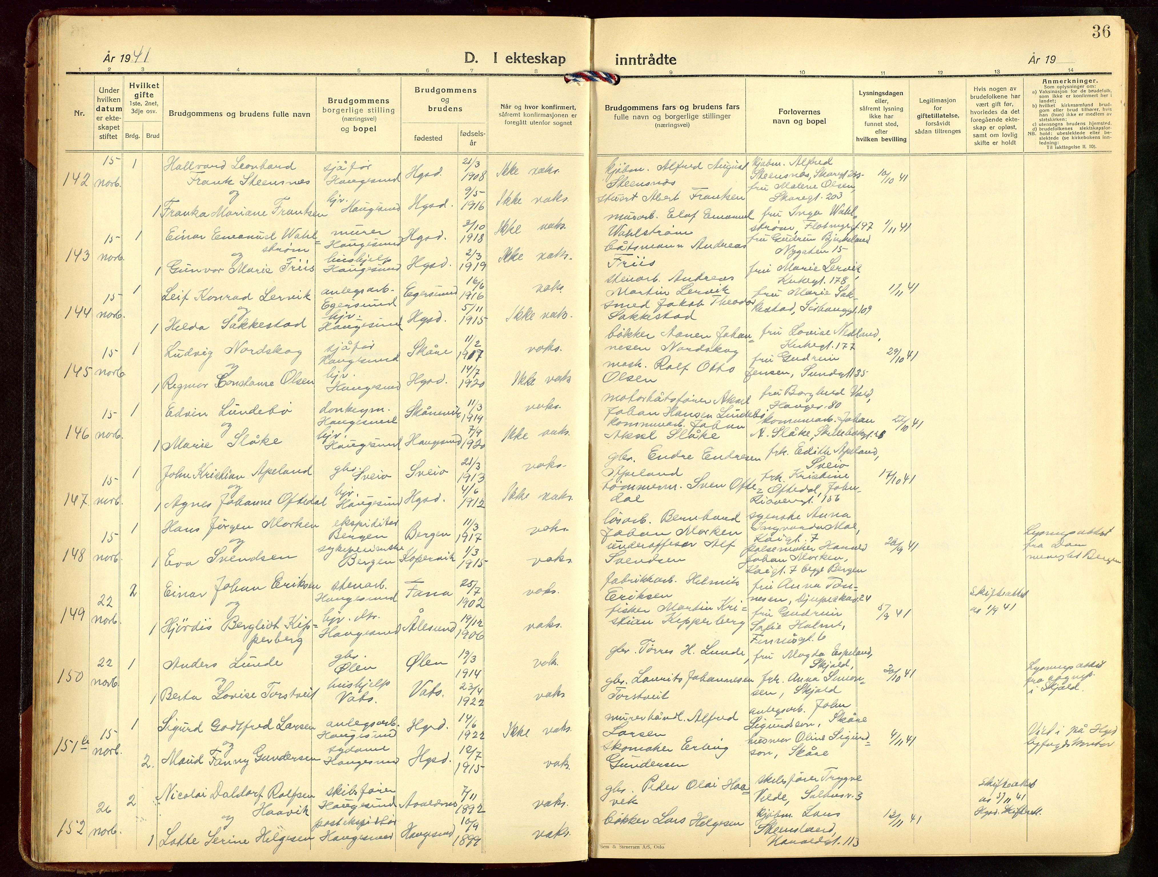 Haugesund sokneprestkontor, AV/SAST-A -101863/H/Ha/Hab/L0014: Klokkerbok nr. B 14, 1940-1952, s. 36