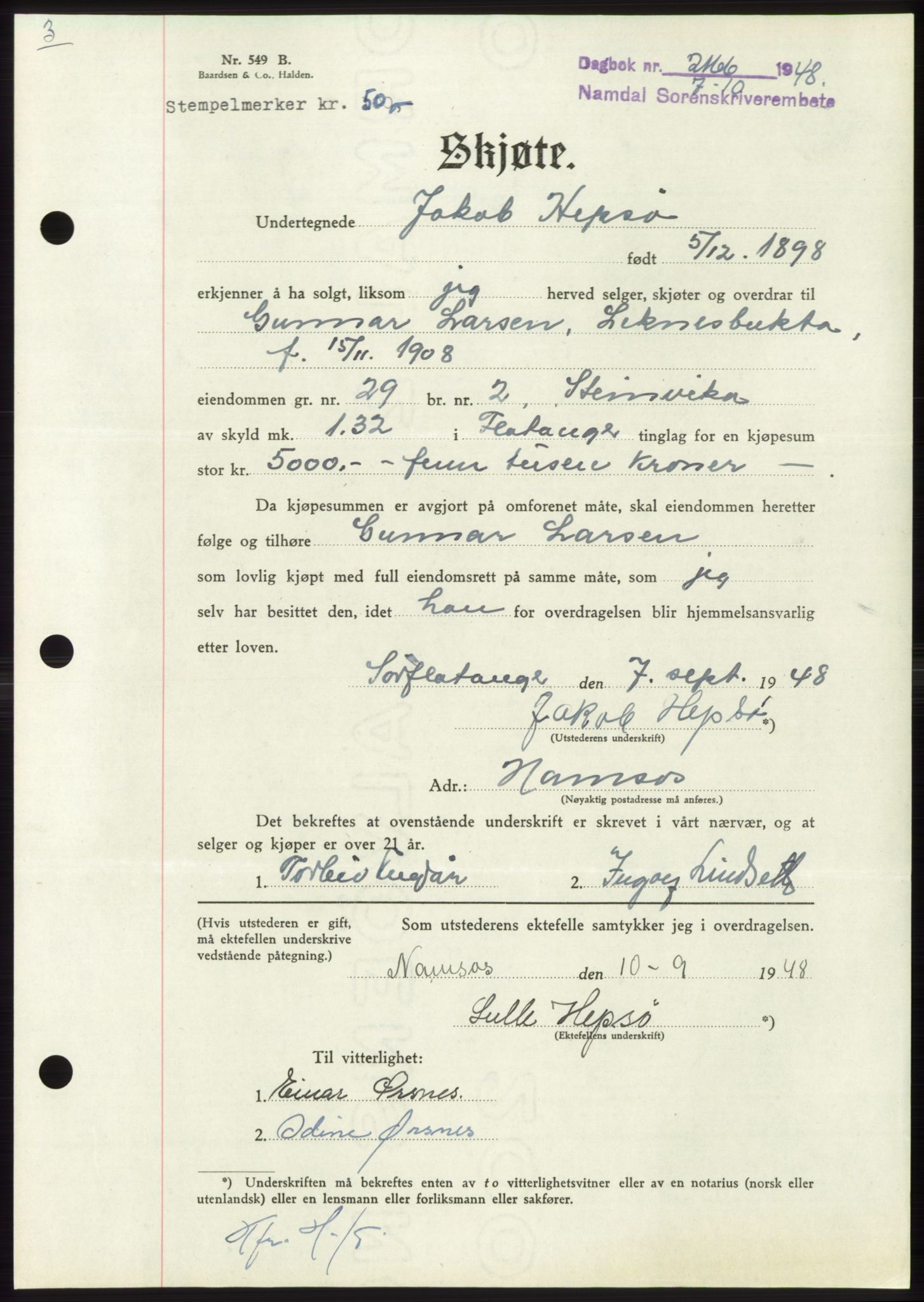 Namdal sorenskriveri, SAT/A-4133/1/2/2C: Pantebok nr. -, 1948-1948, Dagboknr: 2166/1948