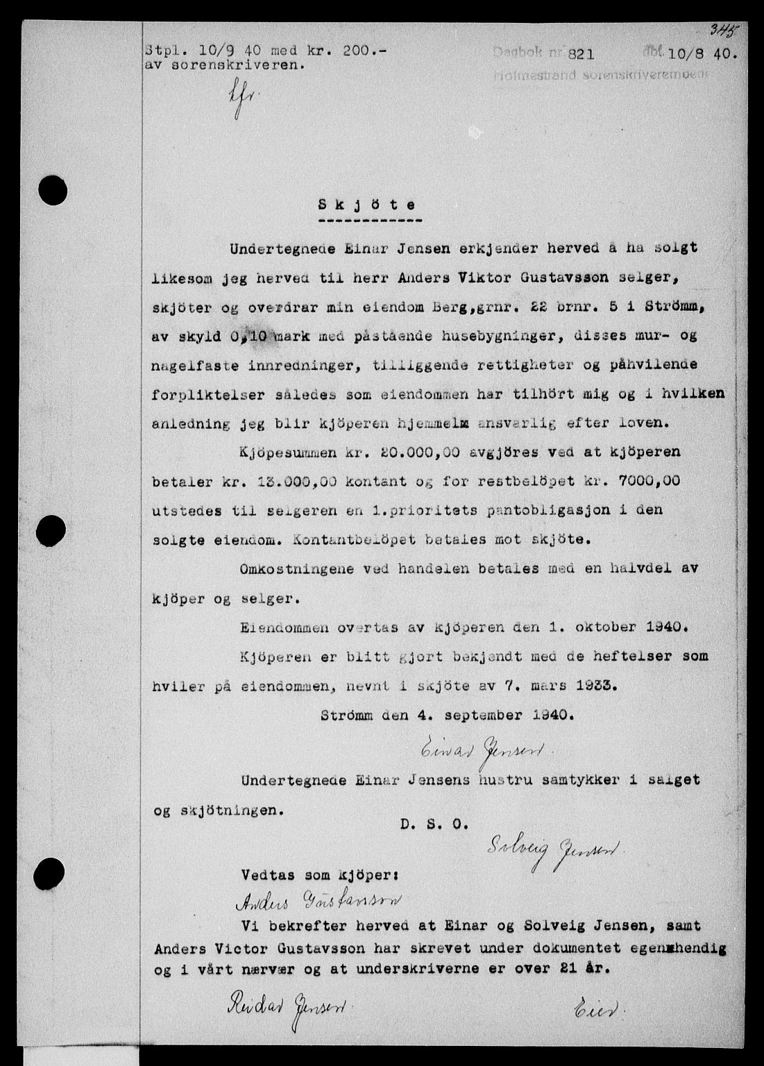 Holmestrand sorenskriveri, SAKO/A-67/G/Ga/Gaa/L0052: Pantebok nr. A-52, 1940-1941, Dagboknr: 821/1940