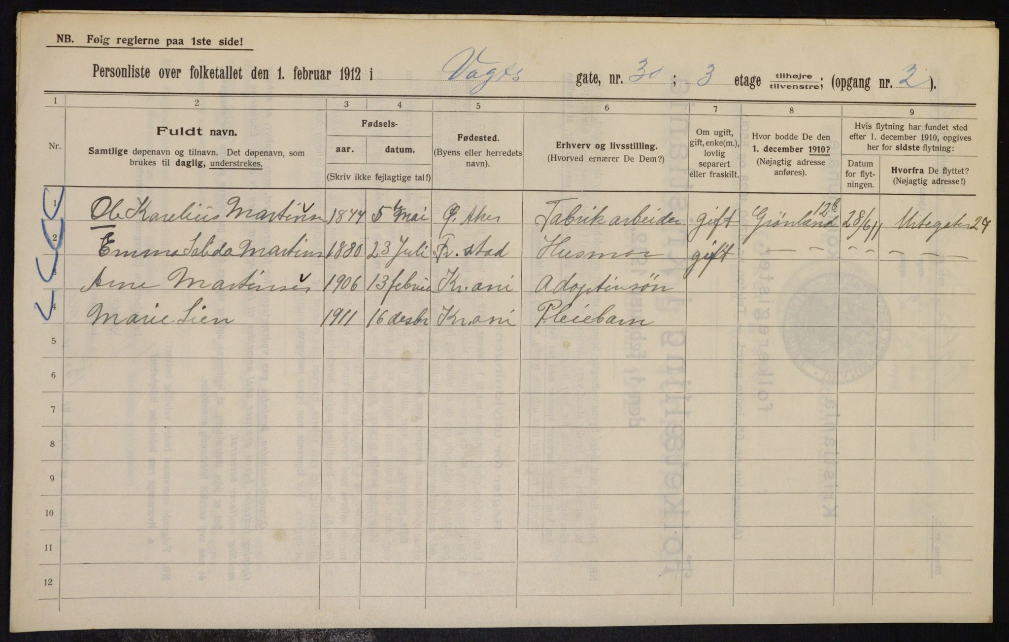 OBA, Kommunal folketelling 1.2.1912 for Kristiania, 1912, s. 124486