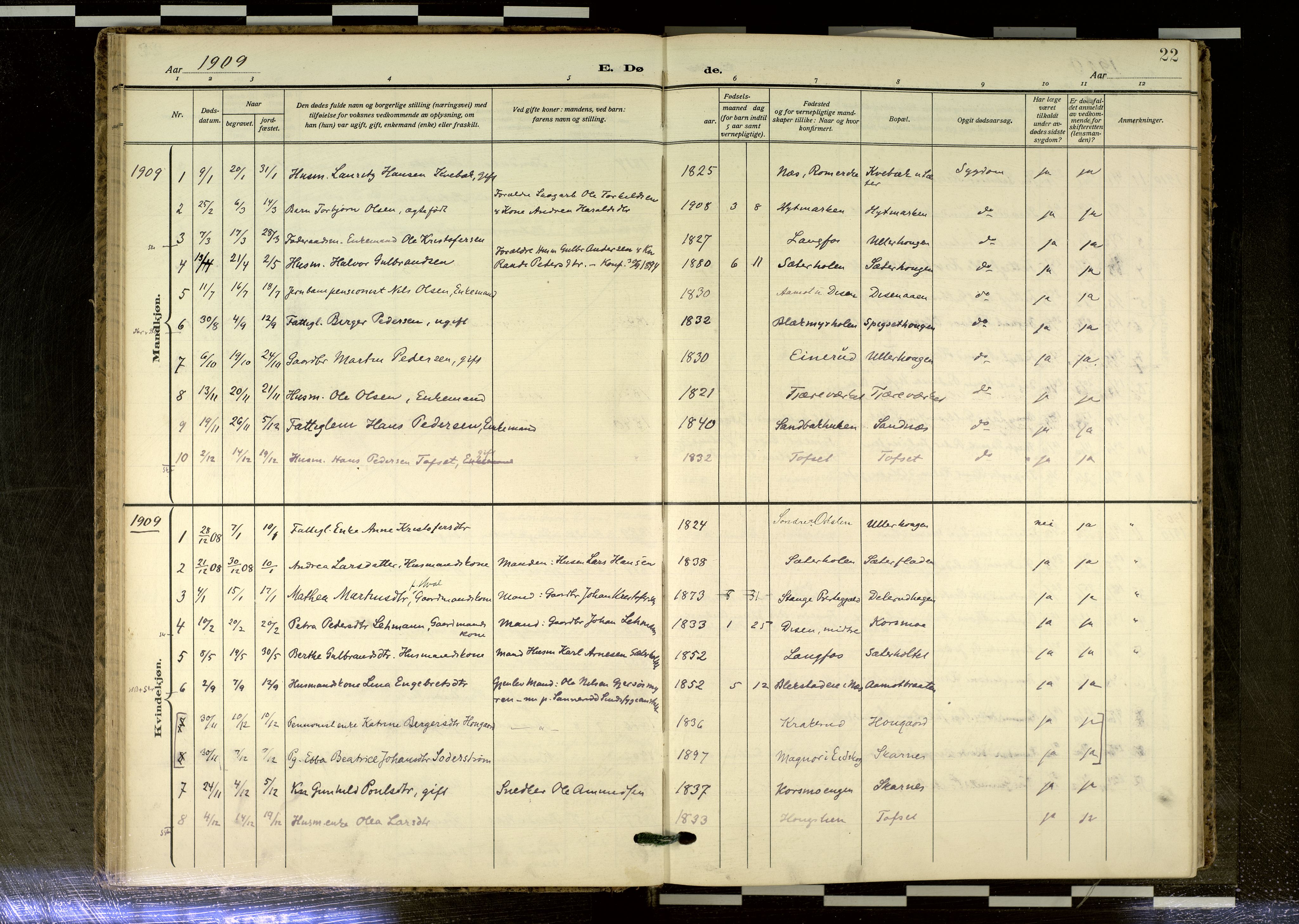 Sør-Odal prestekontor, AV/SAH-PREST-030/H/Ha/Haa/L0020: Ministerialbok nr. 20, 1906-2012, s. 22