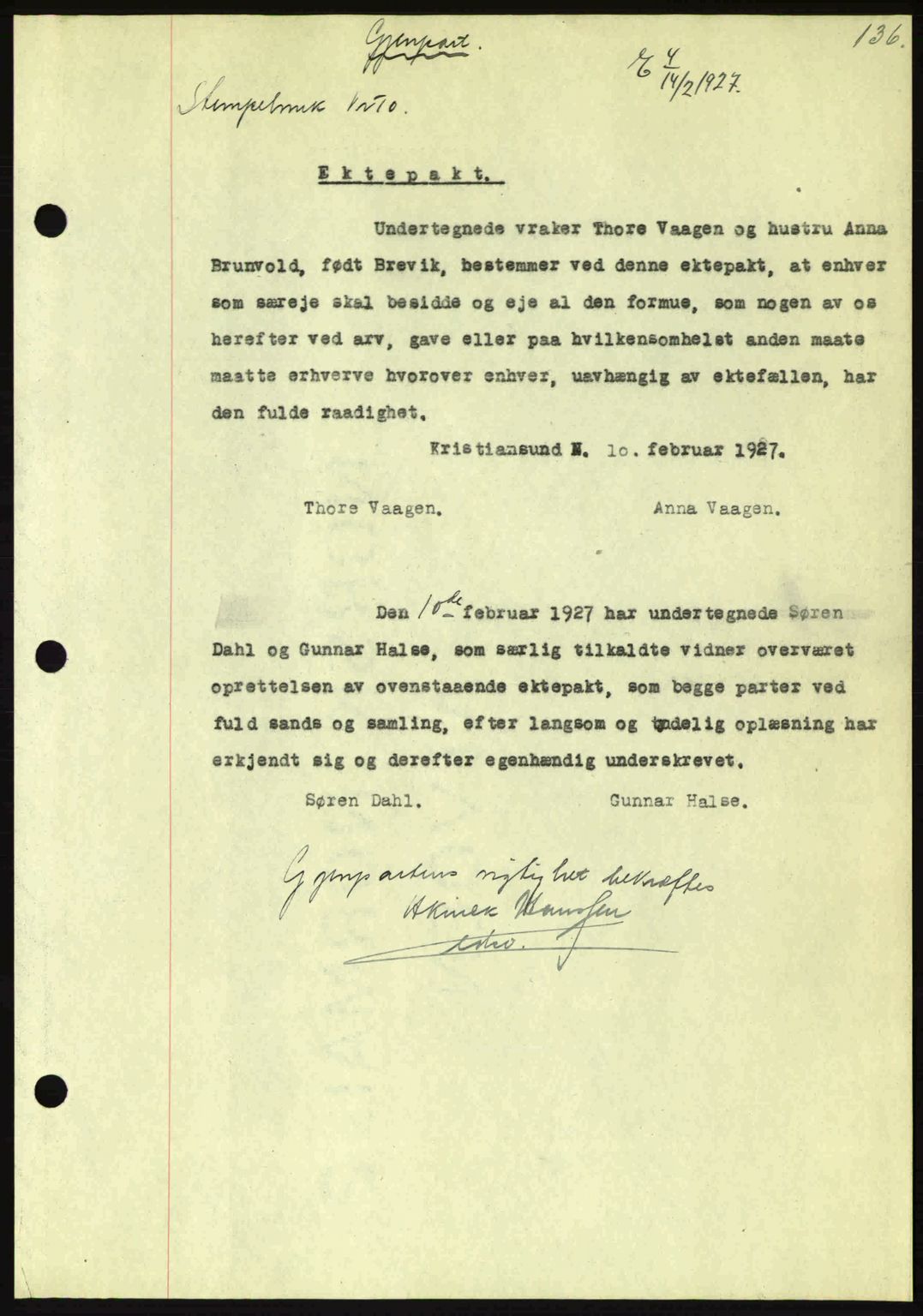 Kristiansund byfogd, AV/SAT-A-4587/A/27: Pantebok nr. 21, 1926-1928, Tingl.dato: 14.02.1927