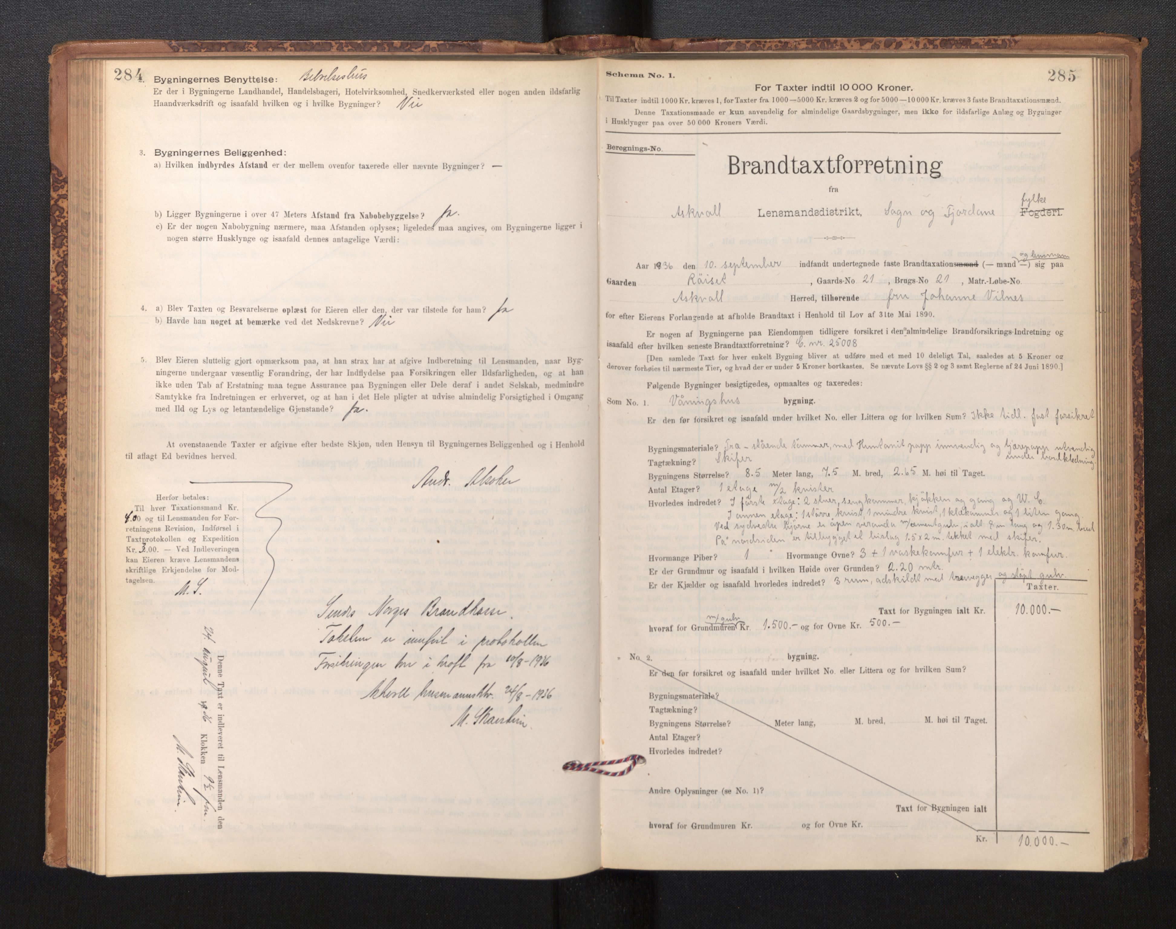 Lensmannen i Askvoll, AV/SAB-A-26301/0012/L0004: Branntakstprotokoll, skjematakst og liste over branntakstmenn, 1895-1932, s. 284-285