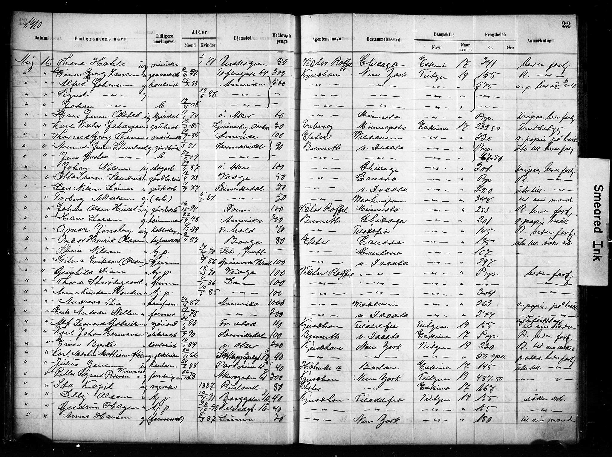 Oslo politidistrikt, AV/SAO-A-10085/E/Ee/Eef/L0029: Emigrantprotokoll, 1910-1913, s. 22