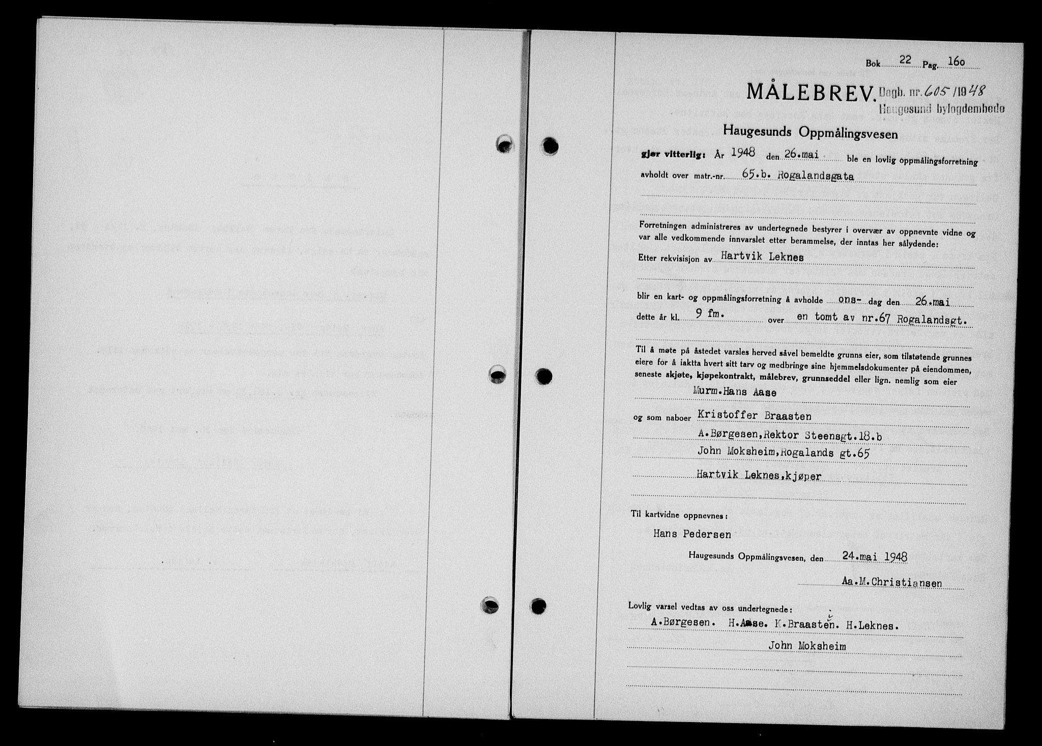 Haugesund tingrett, SAST/A-101415/01/II/IIC/L0063: Pantebok nr. A 4, 1946-1948, Dagboknr: 605/1948