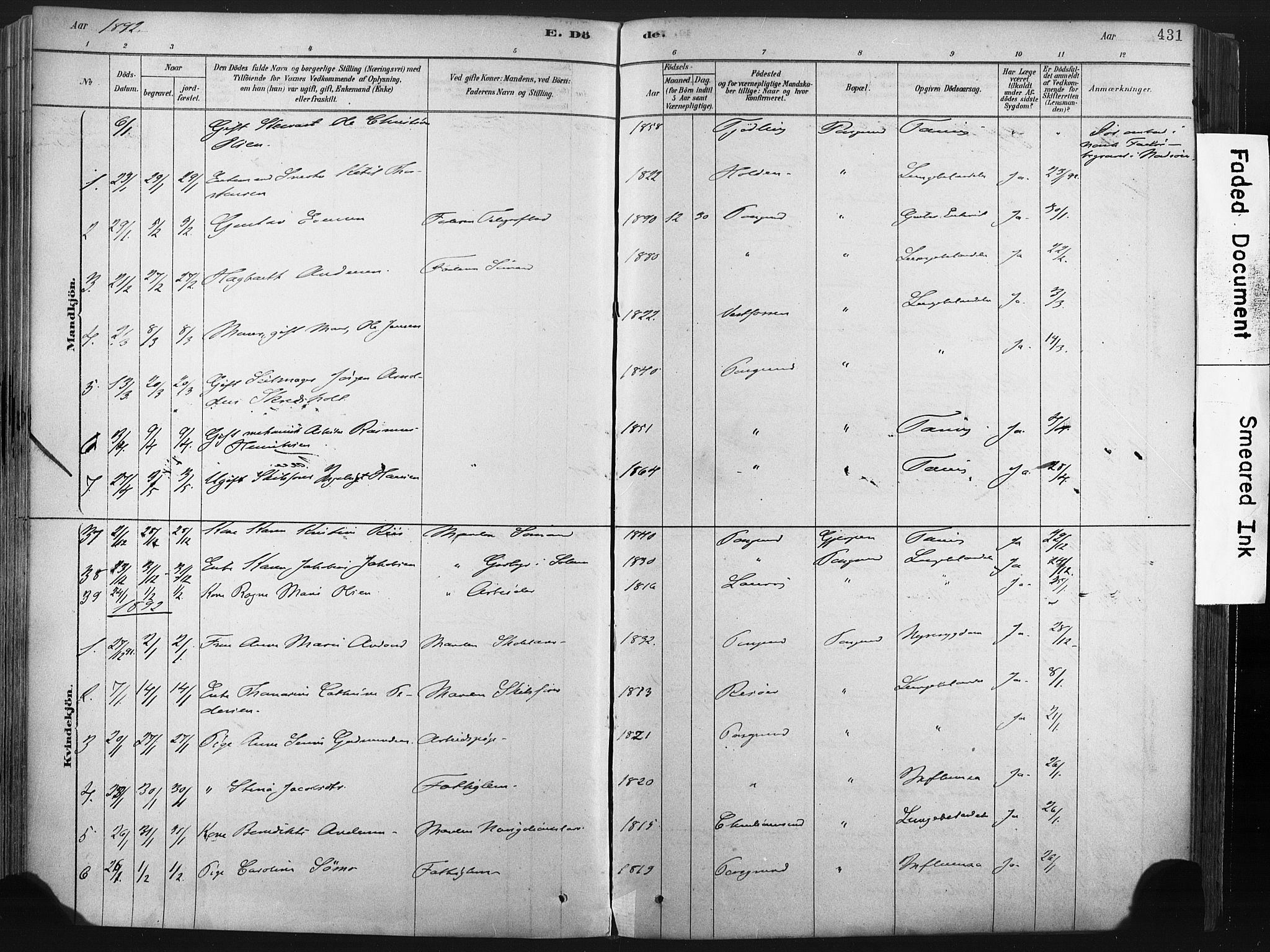 Porsgrunn kirkebøker , AV/SAKO-A-104/F/Fa/L0008: Ministerialbok nr. 8, 1878-1895, s. 431