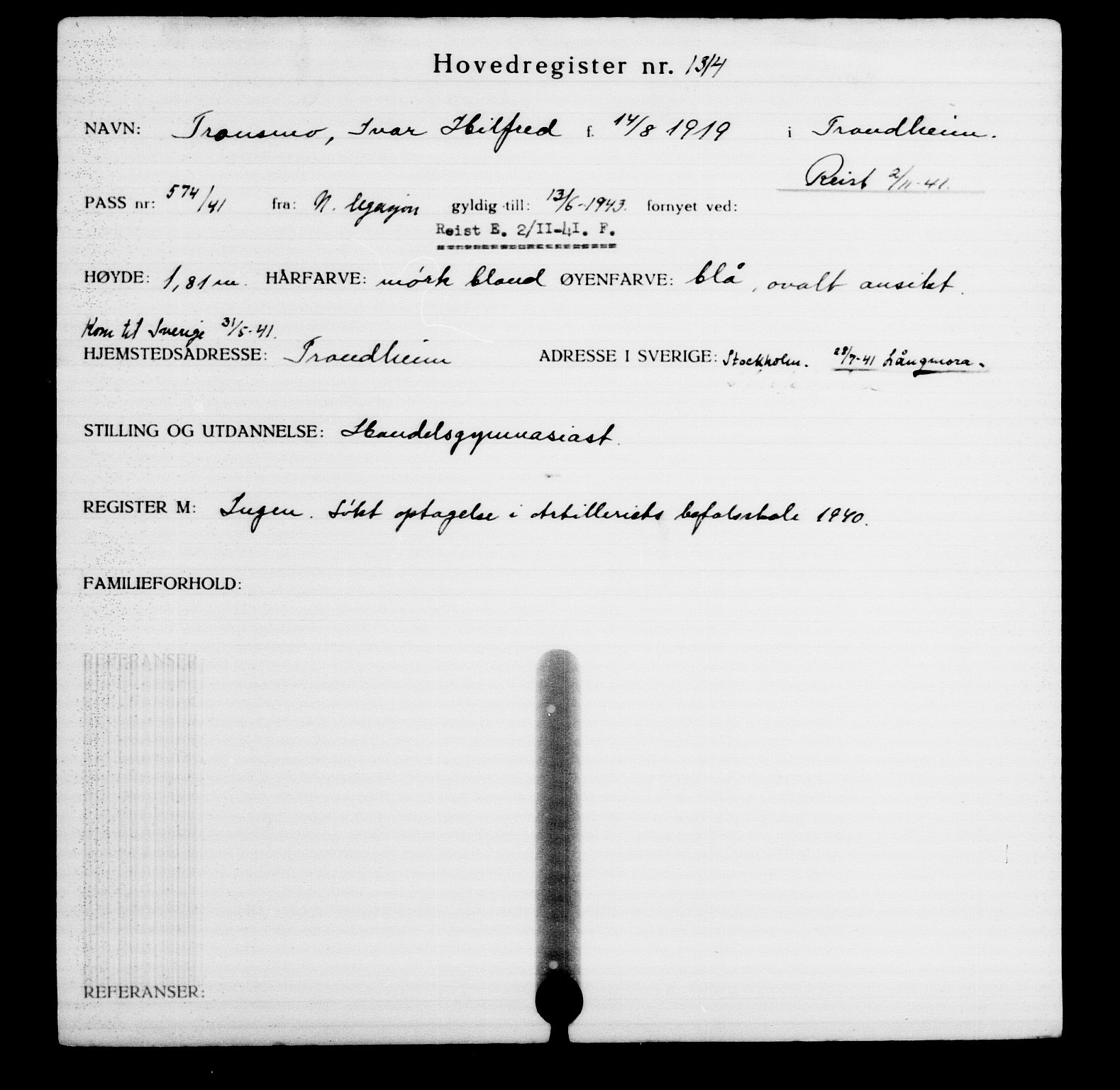 Den Kgl. Norske Legasjons Flyktningskontor, AV/RA-S-6753/V/Va/L0002: Kjesäterkartoteket.  Flyktningenr. 1001-2000, 1940-1945, s. 457