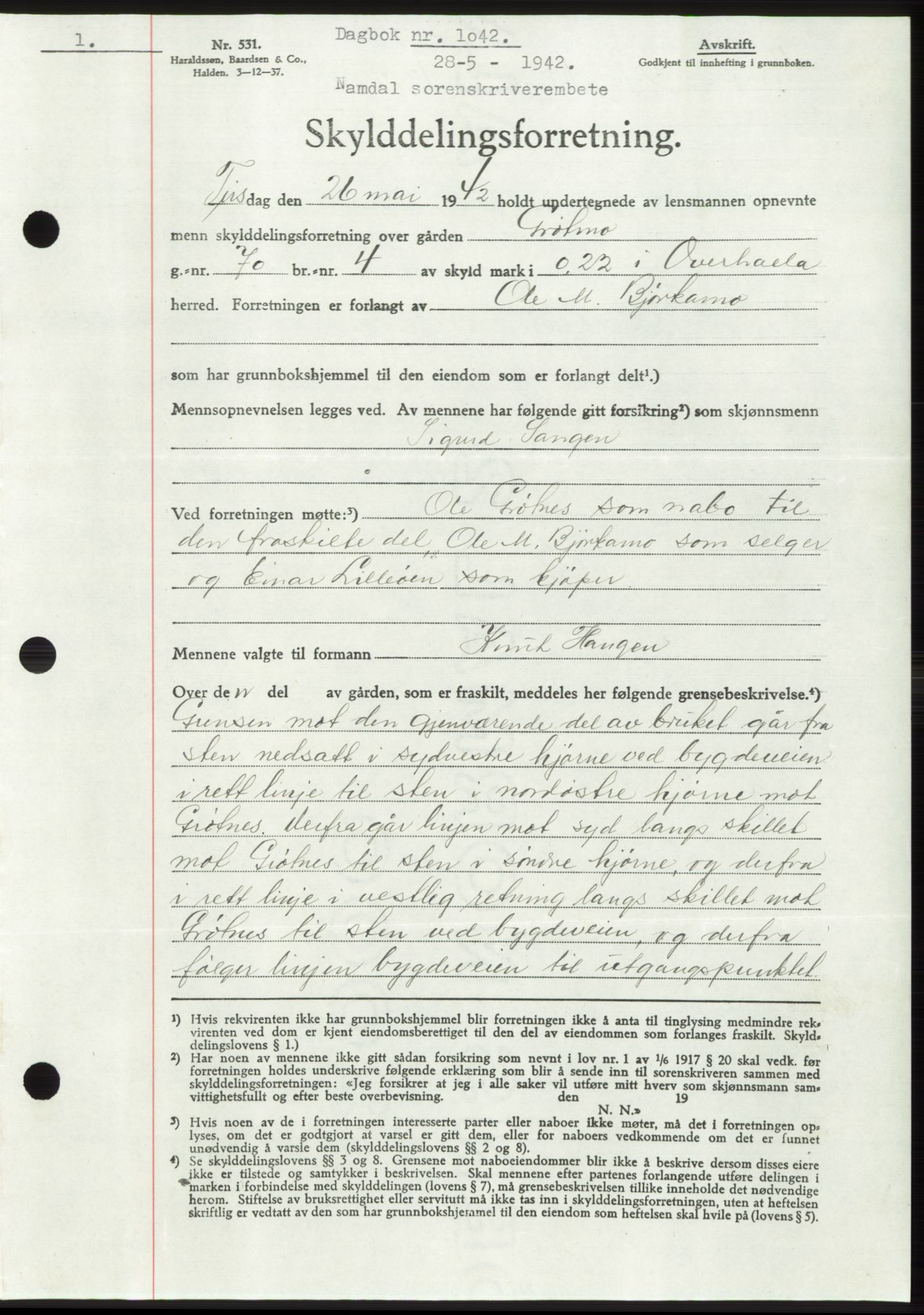 Namdal sorenskriveri, SAT/A-4133/1/2/2C: Pantebok nr. -, 1941-1942, Dagboknr: 1042/1942