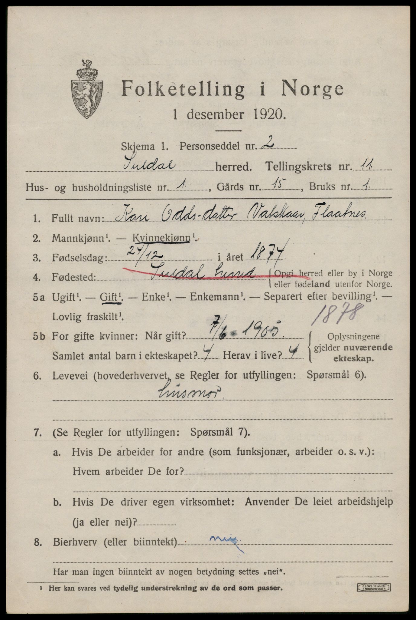SAST, Folketelling 1920 for 1134 Suldal herred, 1920, s. 3234
