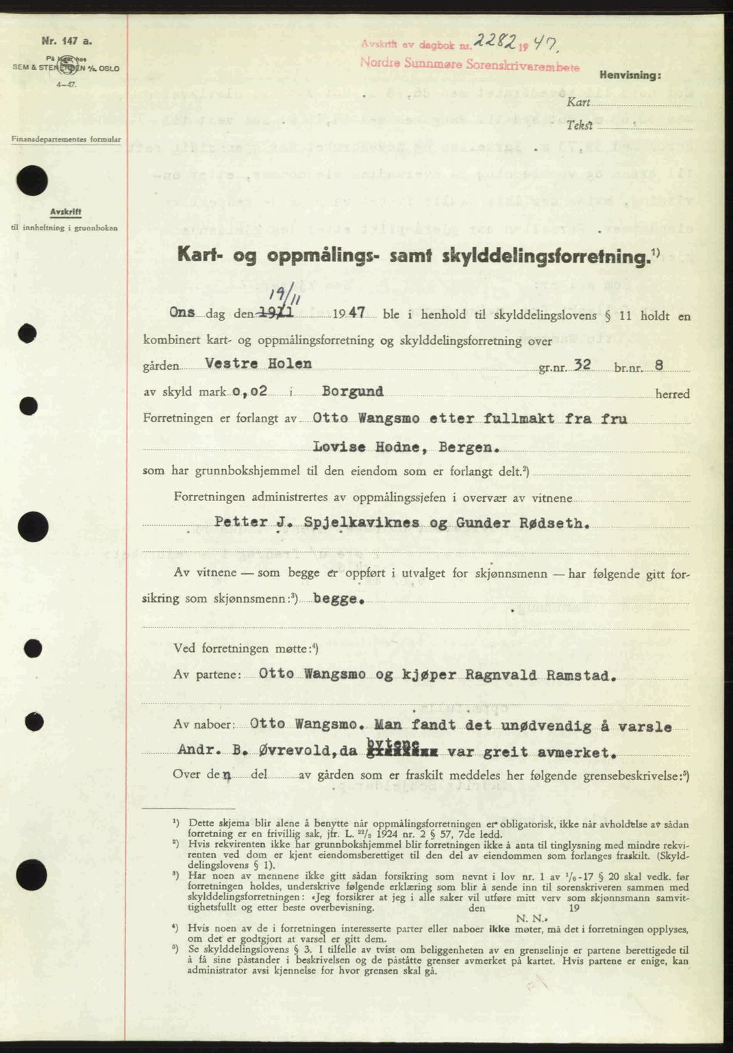 Nordre Sunnmøre sorenskriveri, AV/SAT-A-0006/1/2/2C/2Ca: Pantebok nr. A26, 1947-1948, Dagboknr: 2282/1947