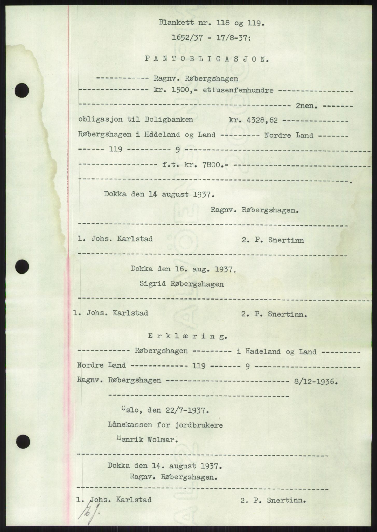 Hadeland og Land tingrett, SAH/TING-010/H/Hb/Hbc/L0002: Pantebok nr. B2, 1936-1937, Dagboknr: 1652/1937