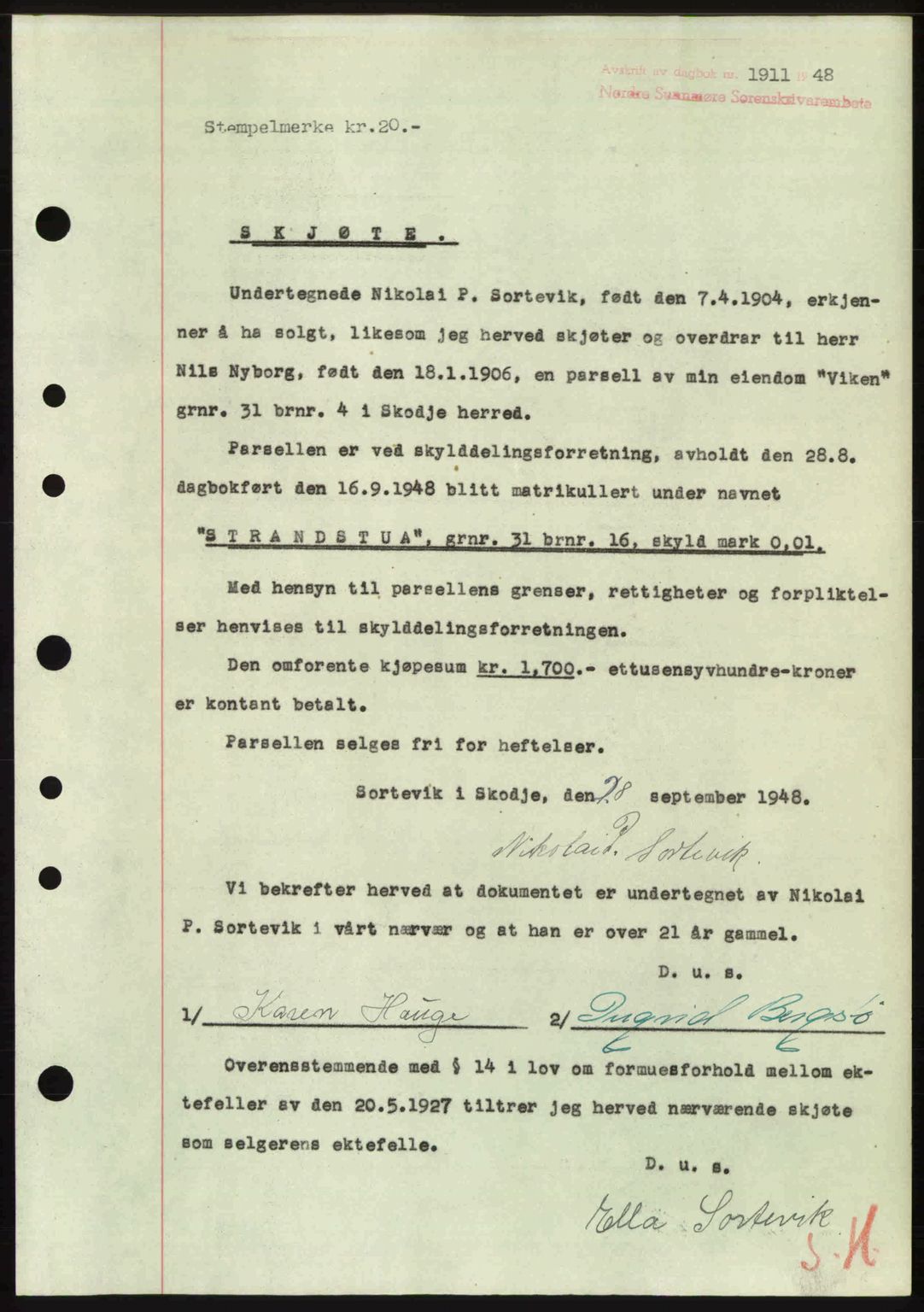Nordre Sunnmøre sorenskriveri, SAT/A-0006/1/2/2C/2Ca: Pantebok nr. A29, 1948-1949, Dagboknr: 1911/1948