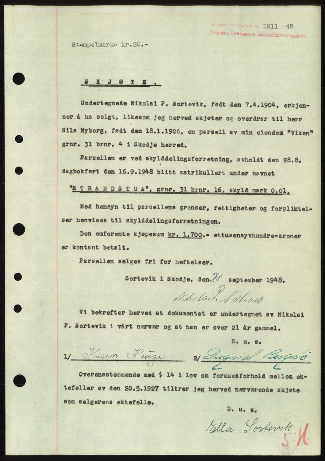 Nordre Sunnmøre sorenskriveri, AV/SAT-A-0006/1/2/2C/2Ca: Pantebok nr. A29, 1948-1949, Dagboknr: 1911/1948