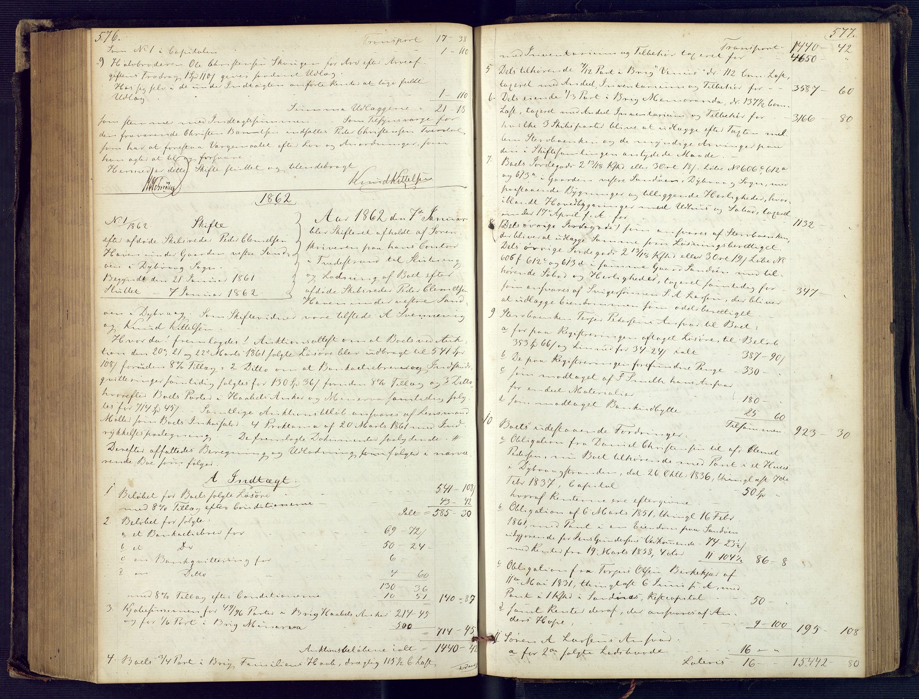 Holt sorenskriveri, SAK/1221-0002/H/Hc/L0029: Skifteutlodningsprotokoll nr. 4 med løst register, 1857-1862, s. 576-577