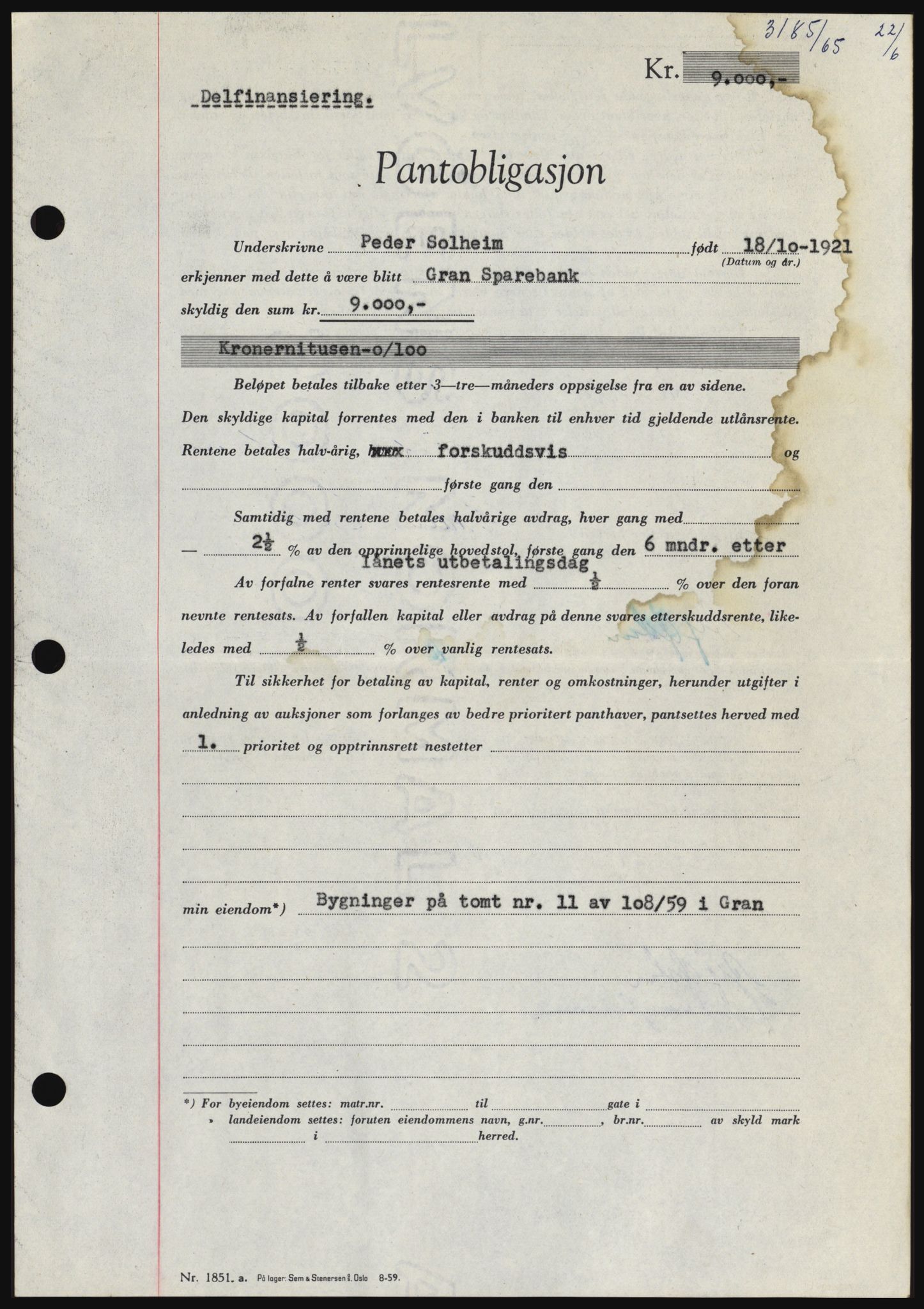 Hadeland og Land tingrett, SAH/TING-010/H/Hb/Hbc/L0059: Pantebok nr. B59, 1965-1965, Dagboknr: 3185/1965