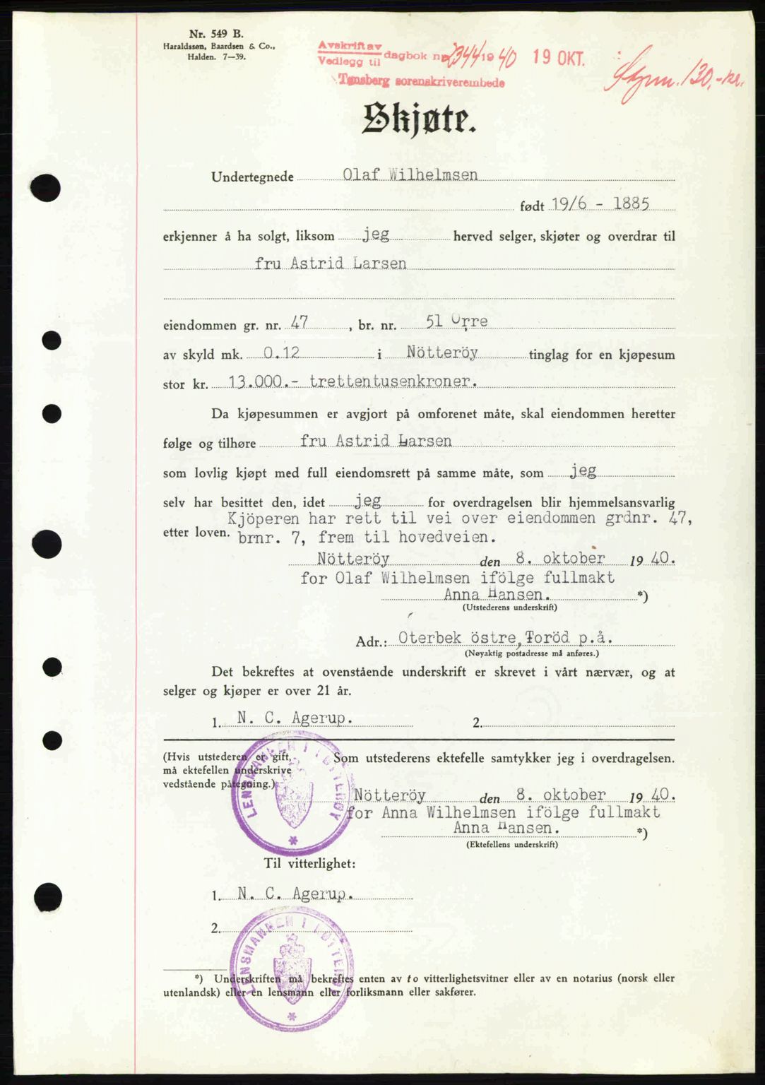 Tønsberg sorenskriveri, AV/SAKO-A-130/G/Ga/Gaa/L0009: Pantebok nr. A9, 1940-1941, Dagboknr: 2344/1940