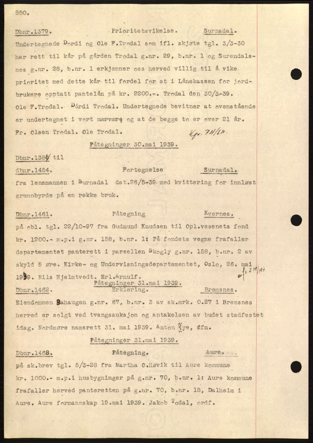 Nordmøre sorenskriveri, SAT/A-4132/1/2/2Ca: Pantebok nr. C80, 1936-1939, Dagboknr: 1379/1939