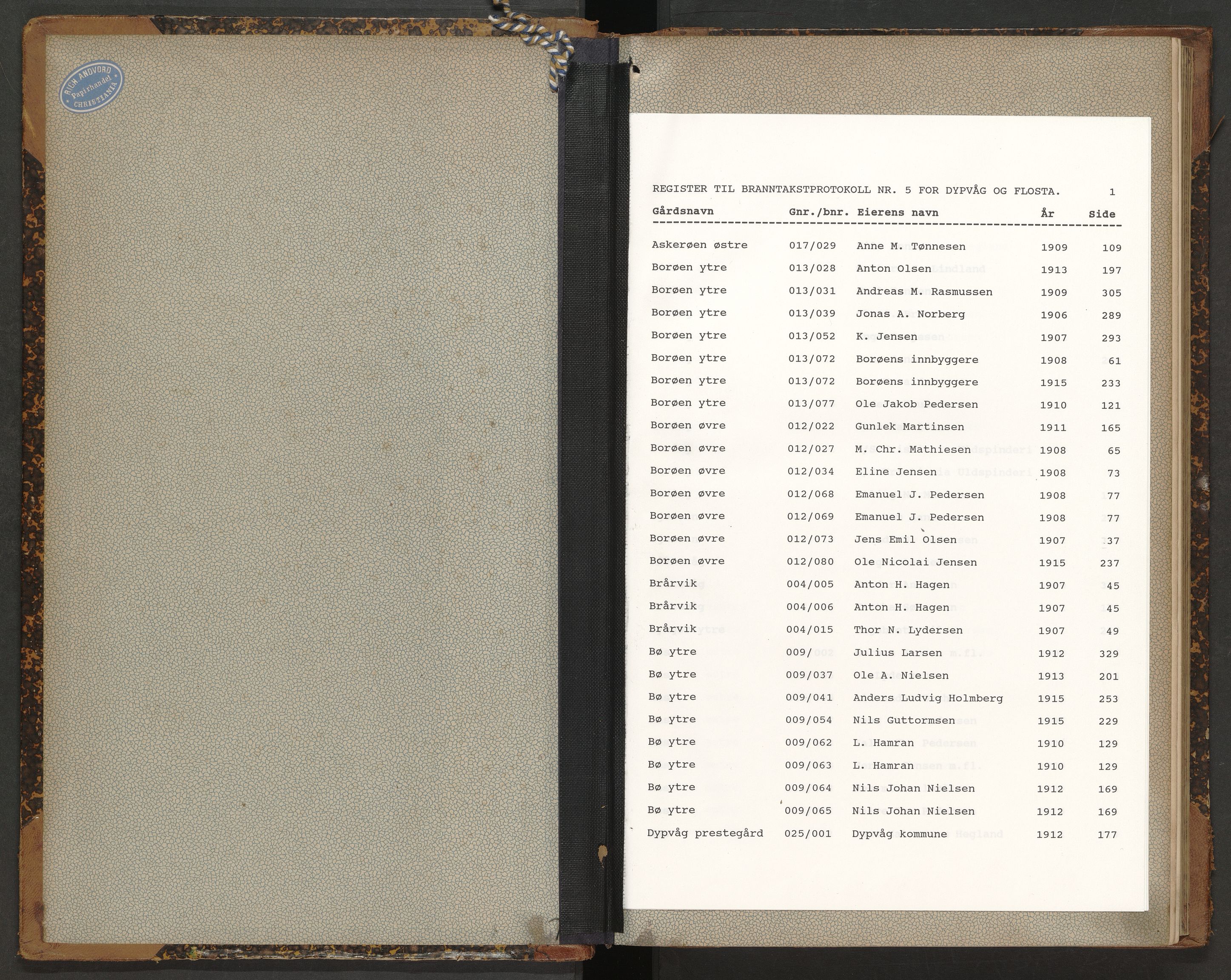 Norges Brannkasse Dypvåg og Flosta, AV/SAK-2241-0008/F/Fa/L0005: Branntakstprotokoll nr. 5 med gårdsnavnregister, 1905-1915