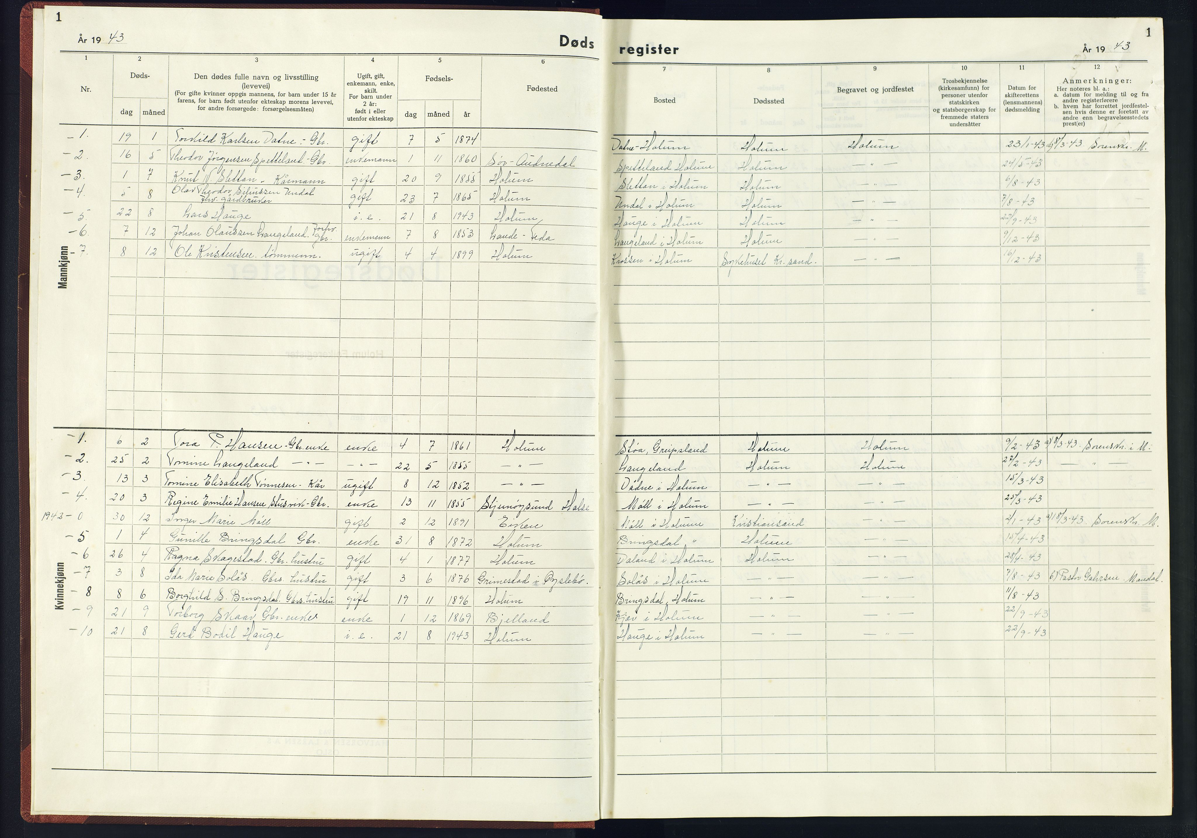 Holum sokneprestkontor, AV/SAK-1111-0022/J/Jb/L0007: II.6.7 - Dødsfallsregister Holum, 1943-1945, s. 1