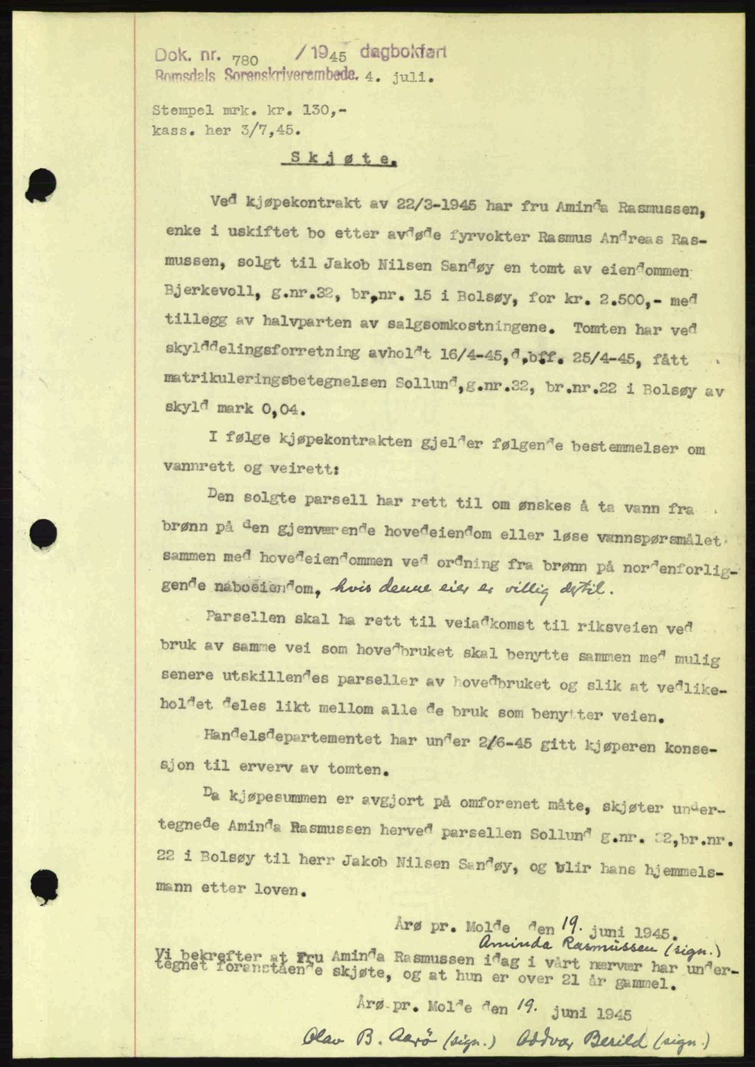 Romsdal sorenskriveri, SAT/A-4149/1/2/2C: Pantebok nr. A18, 1945-1945, Dagboknr: 780/1945