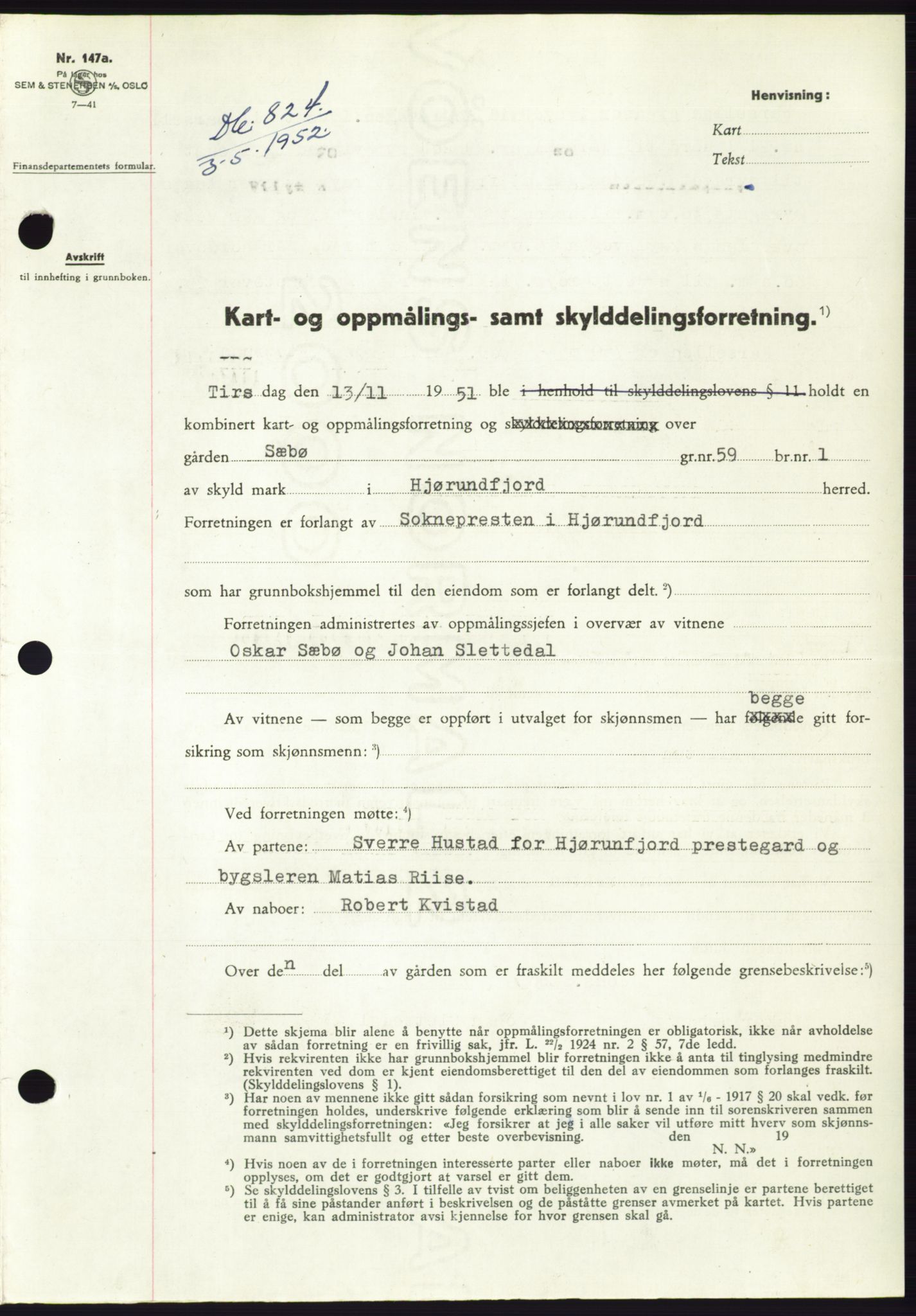 Søre Sunnmøre sorenskriveri, AV/SAT-A-4122/1/2/2C/L0092: Pantebok nr. 18A, 1952-1952, Dagboknr: 824/1952