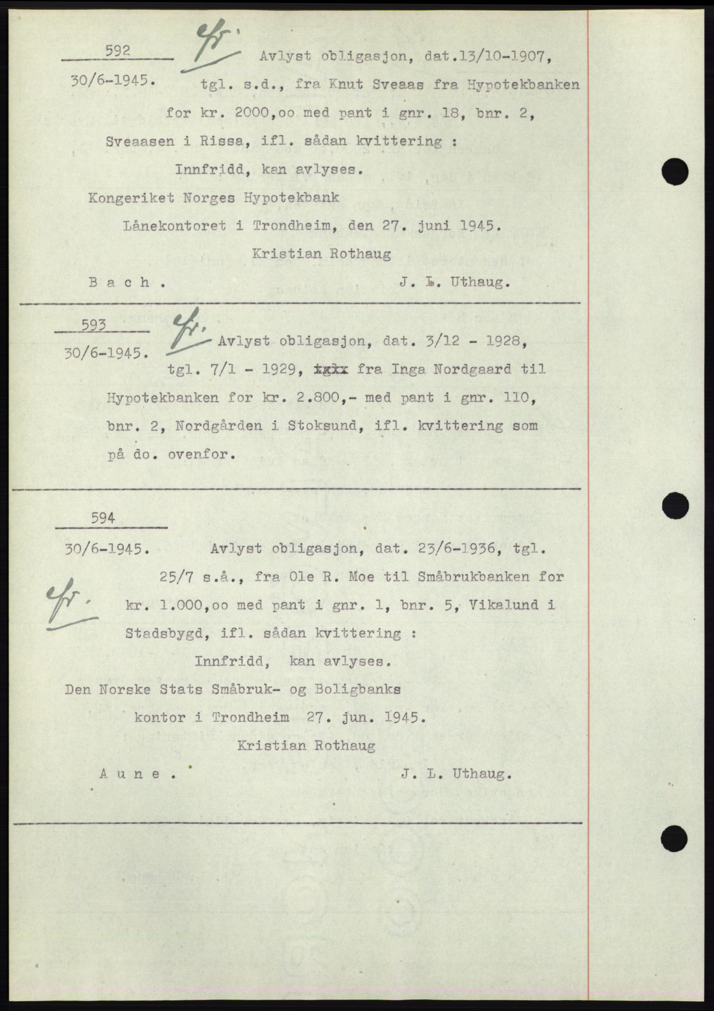 Fosen sorenskriveri, AV/SAT-A-1107/1/2/2C: Pantebok nr. B1, 1943-1946, Dagboknr: 592/1945
