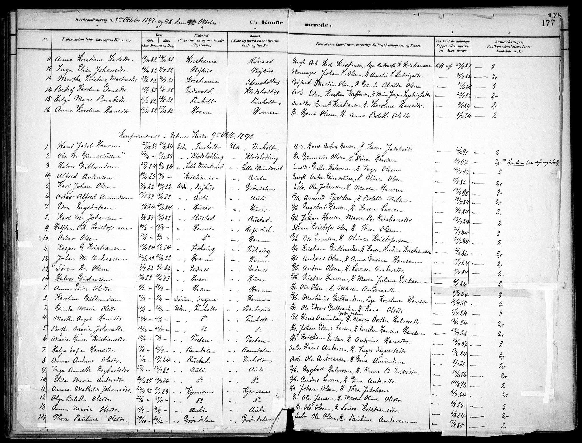 Nes prestekontor Kirkebøker, AV/SAO-A-10410/F/Fc/L0002: Ministerialbok nr. IIi 2, 1882-1916, s. 177